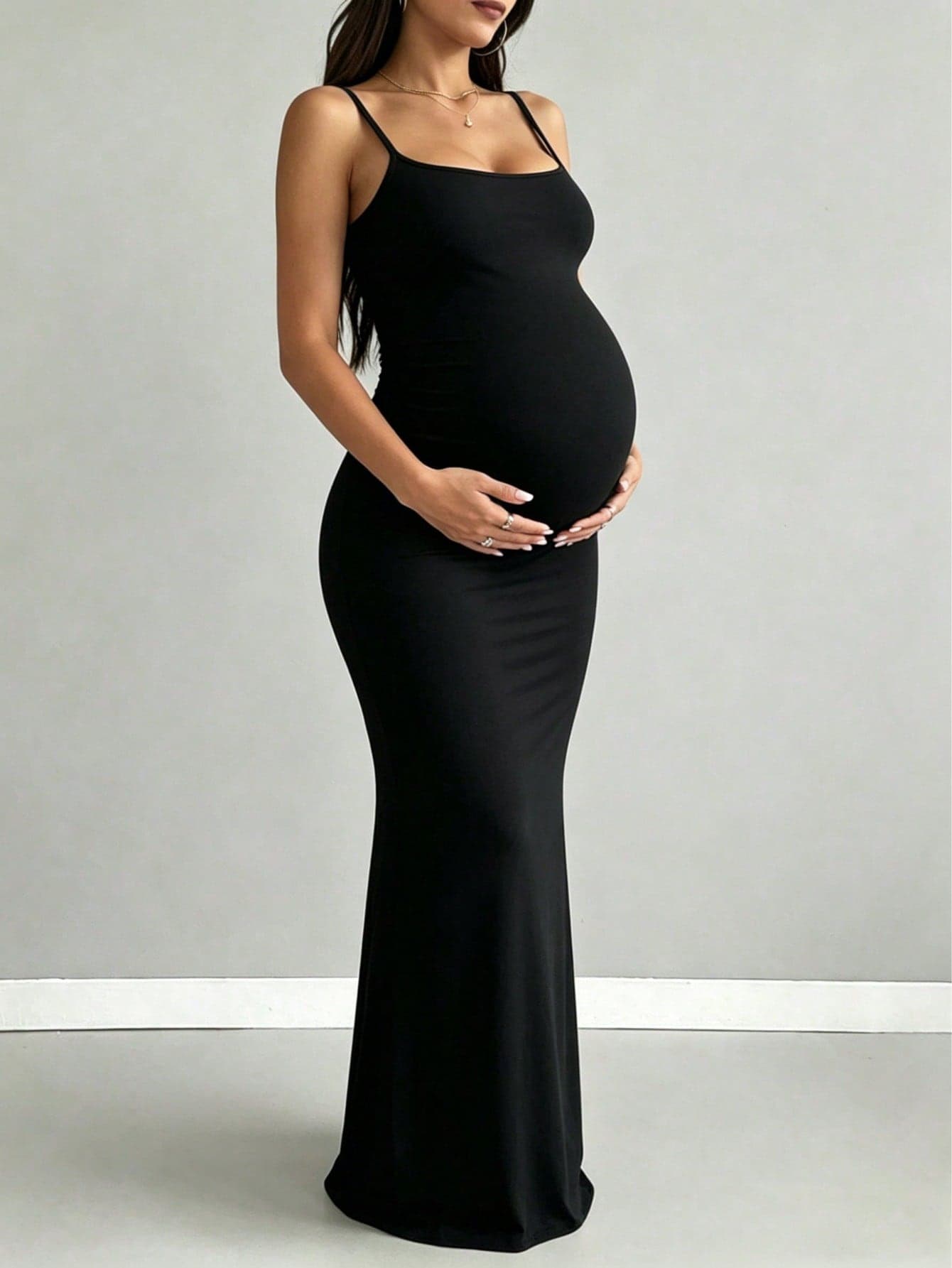 Maternity Solid Color Casual Minimalist Daily Wear Camisole Dress Black Summer