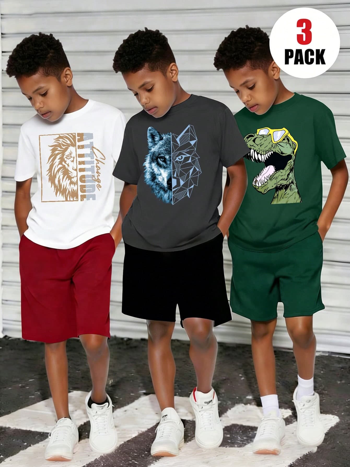 3pcs/Set Boys' Dinosaur, Wolf, Lion Graphic Round Neck T-Shirts, Fashionable & Comfortable Daily Wear, New Summer Collection