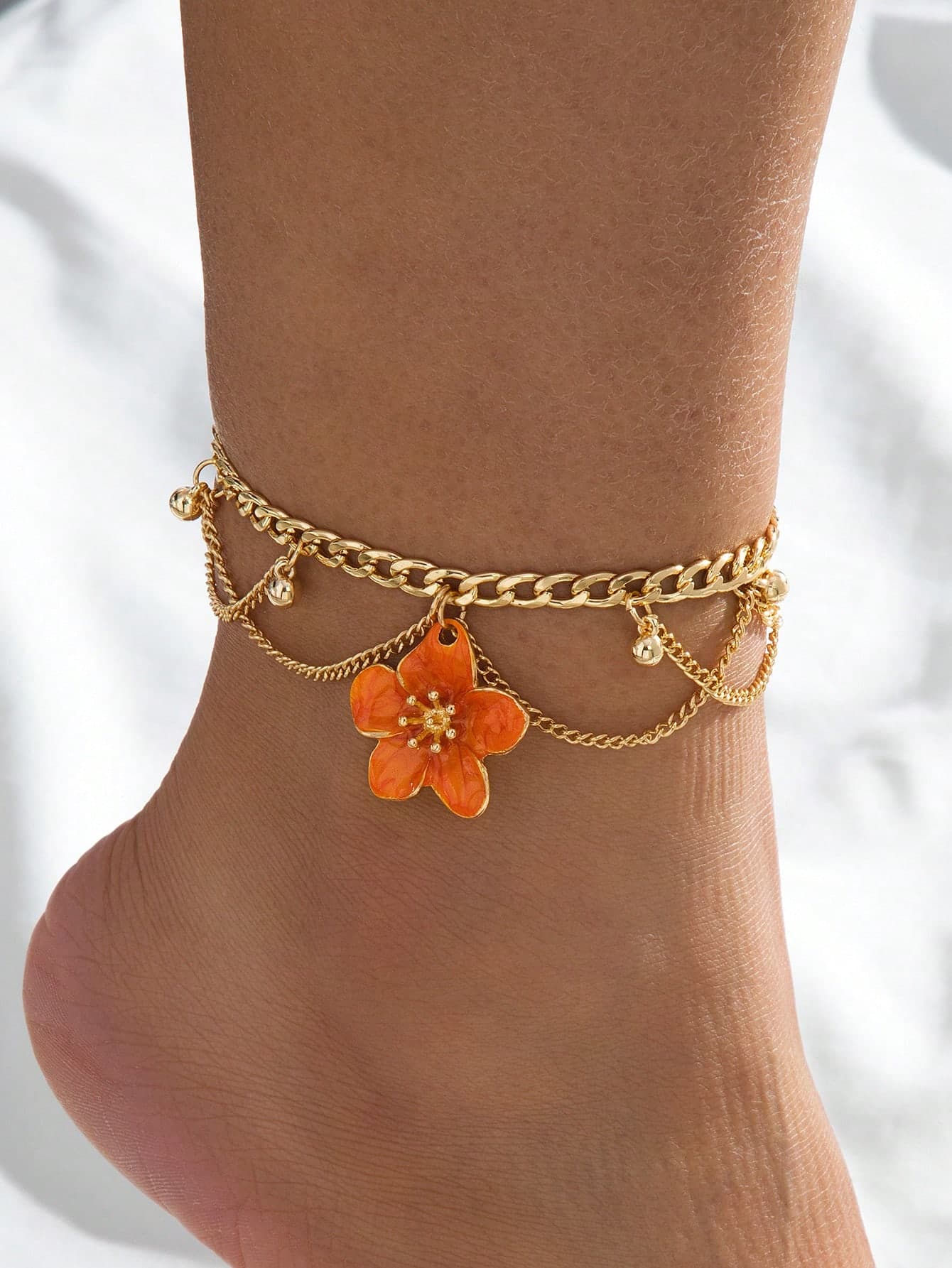 1pc Vacation Style Line Tassel Handmade Enamel Vibrant Orange 5-Petal Flower Charm Multilayer Anklet For Women