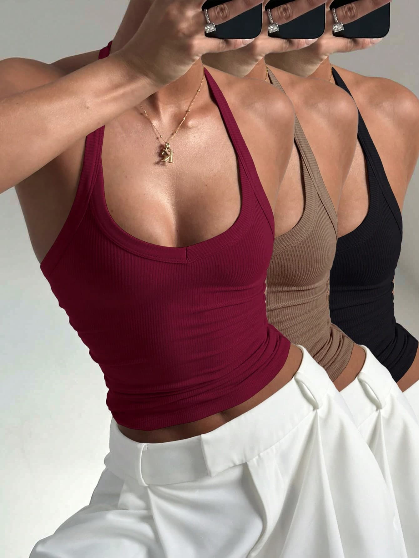 3pcs Women's Casual Sexy Versatile Ribbed Spaghetti Strap Camisole Set, Spring/Summer