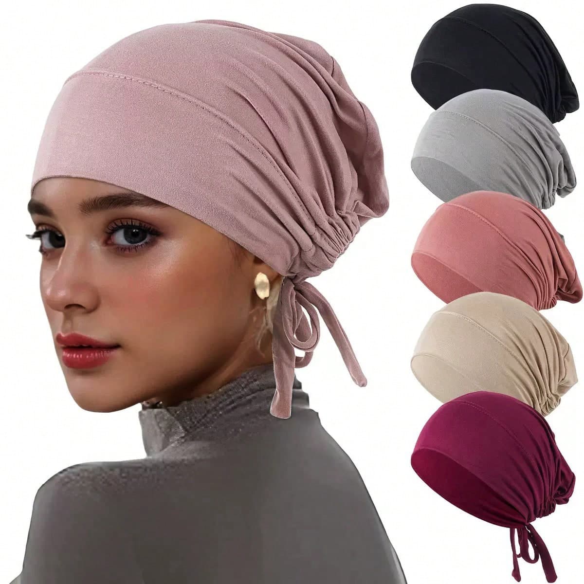 CONFLASS 1/3pcs Women's Soft Elastic Tie Headscarf, Muslim Headwrap Inner Cap, Breathable Sleeping Cap For Curly Hair, Adjustable For Daily & Nighttime Use, Multiple Colors Available