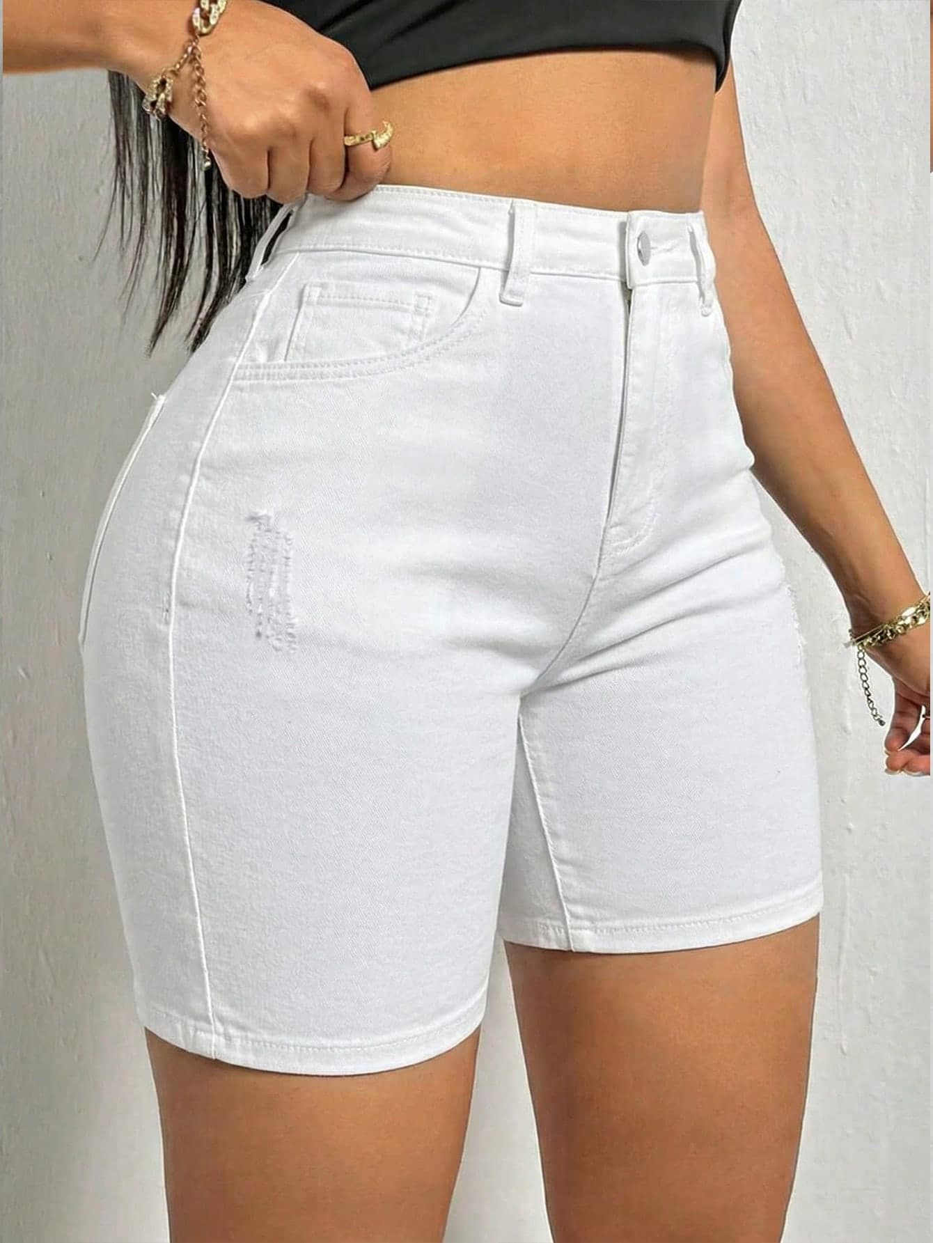 Women's Summer Casual Whisker Embellished Stretchy Skinny Denim Shorts Curve Vacation Beach Concert Festival Cowgirl Outfit White