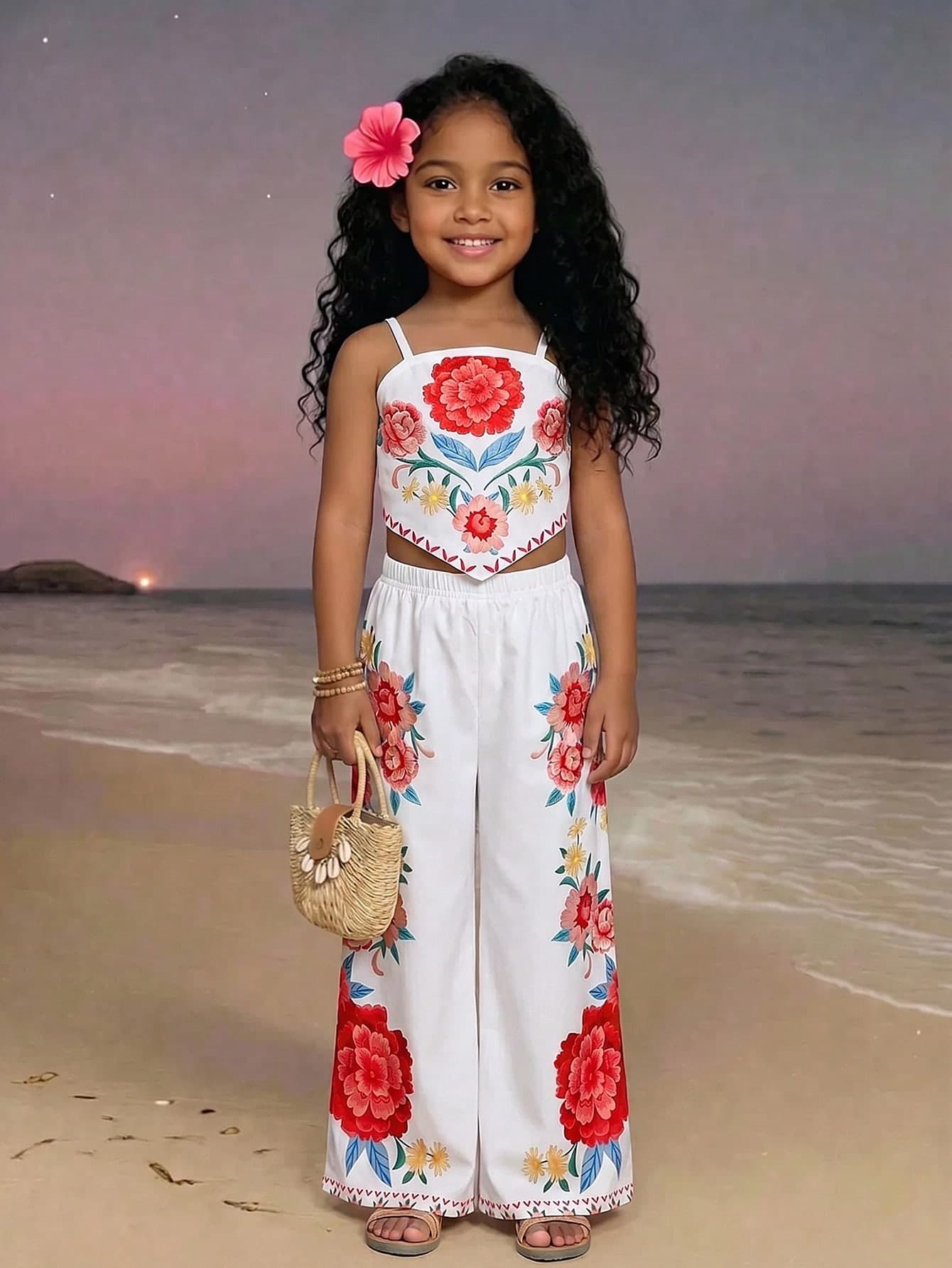 2pcs/Set Girls' Summer Bohemian Floral Spaghetti Strap Top And Wide Leg Pants, Vacation Style Outfit