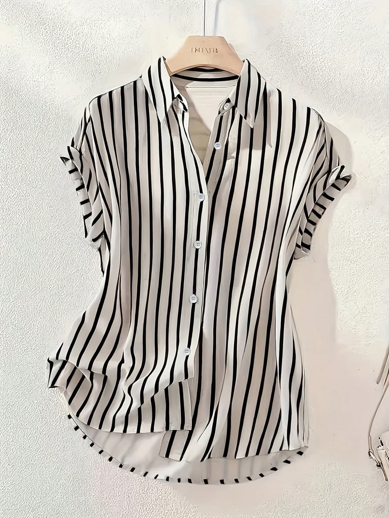 Women's Casual Fashion Striped Polyester Shirt With Button Front Collar, Short Batwing Sleeves, Regular Length With Front Short Back Long Design, Back To School Holiday Outfit