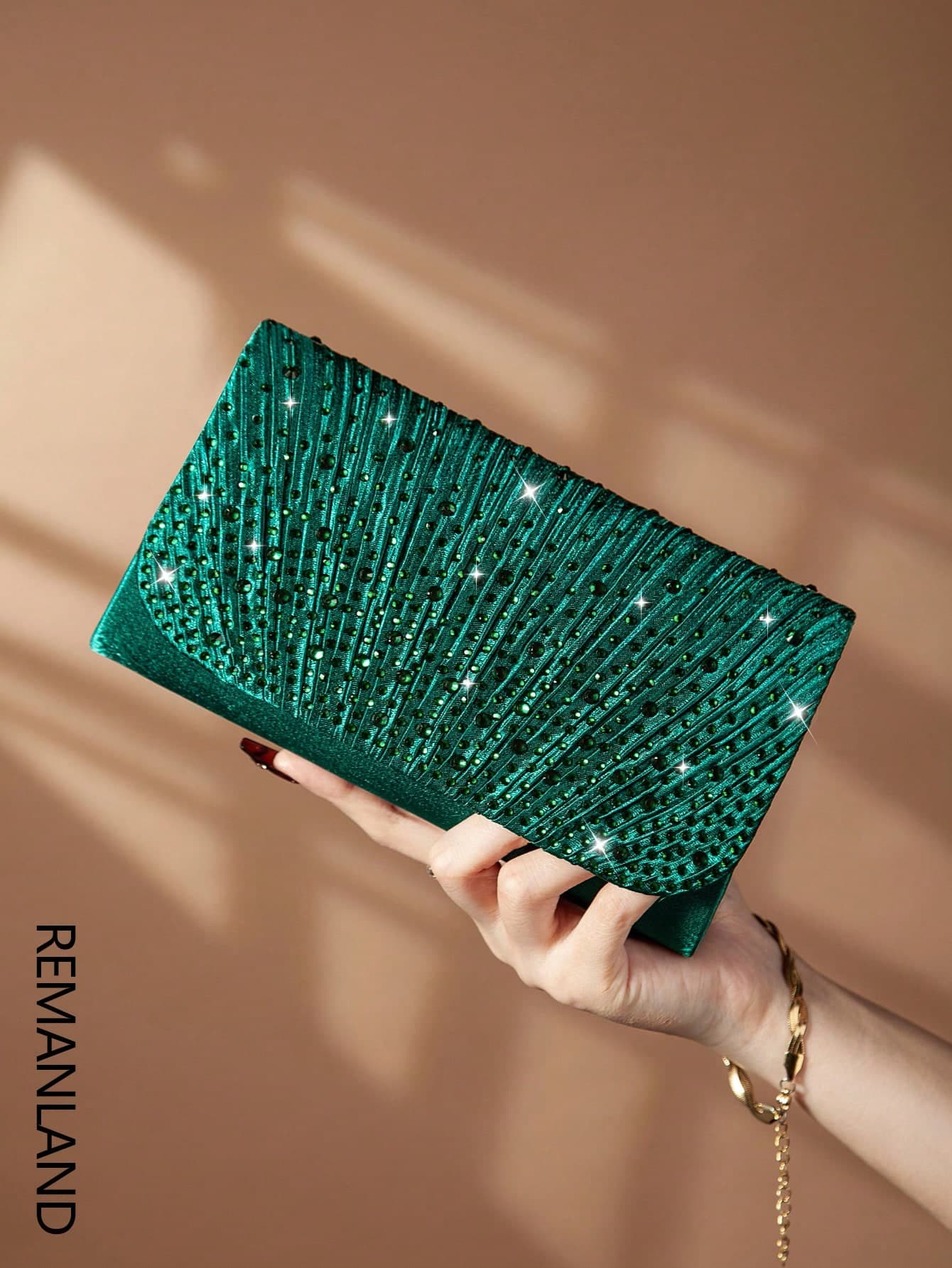 REMANLAND 1pc Shiny Elegant Pleated Rhinestone Women's Handbag, Fashionable Charming Ladies' Evening Bag, Envelope-Style Clutch With Hidden Card Slot, Shoulder Bag With Detachable Metal Chain, Ideal For Party Girls, Brides And Holiday Gifts
