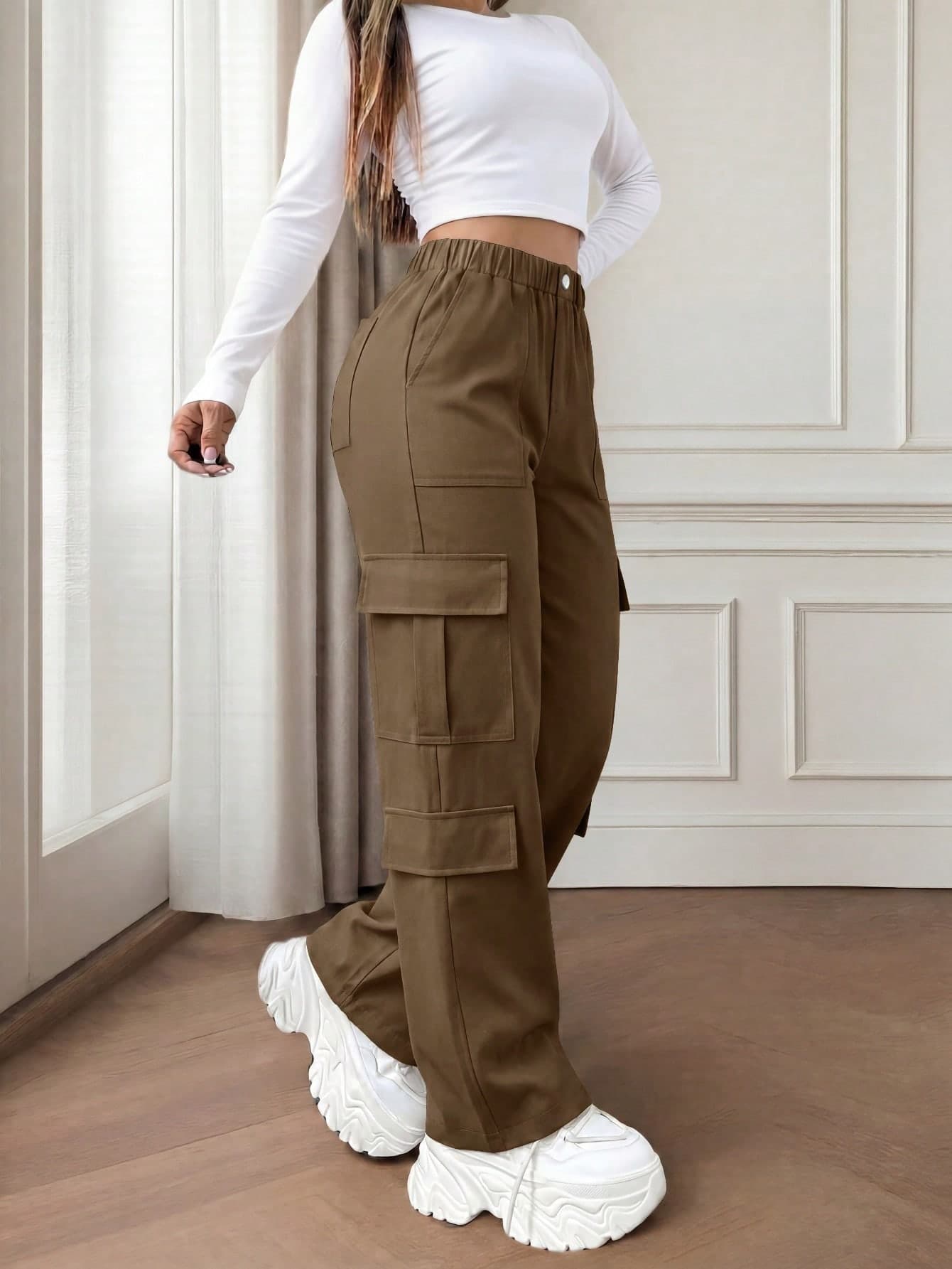 Brown Multi-Pocket Button Casual Y2K Style Elegant Cute Lightweight Loose Wide Leg Straight Cargo Pants Back To School Graduation Club Birthday Party Halloween Thanksgiving Concert Gym Beach Vacation Office Daily Outing Sports Airport Street Teacher's Day Spring Summer Autumn Winter