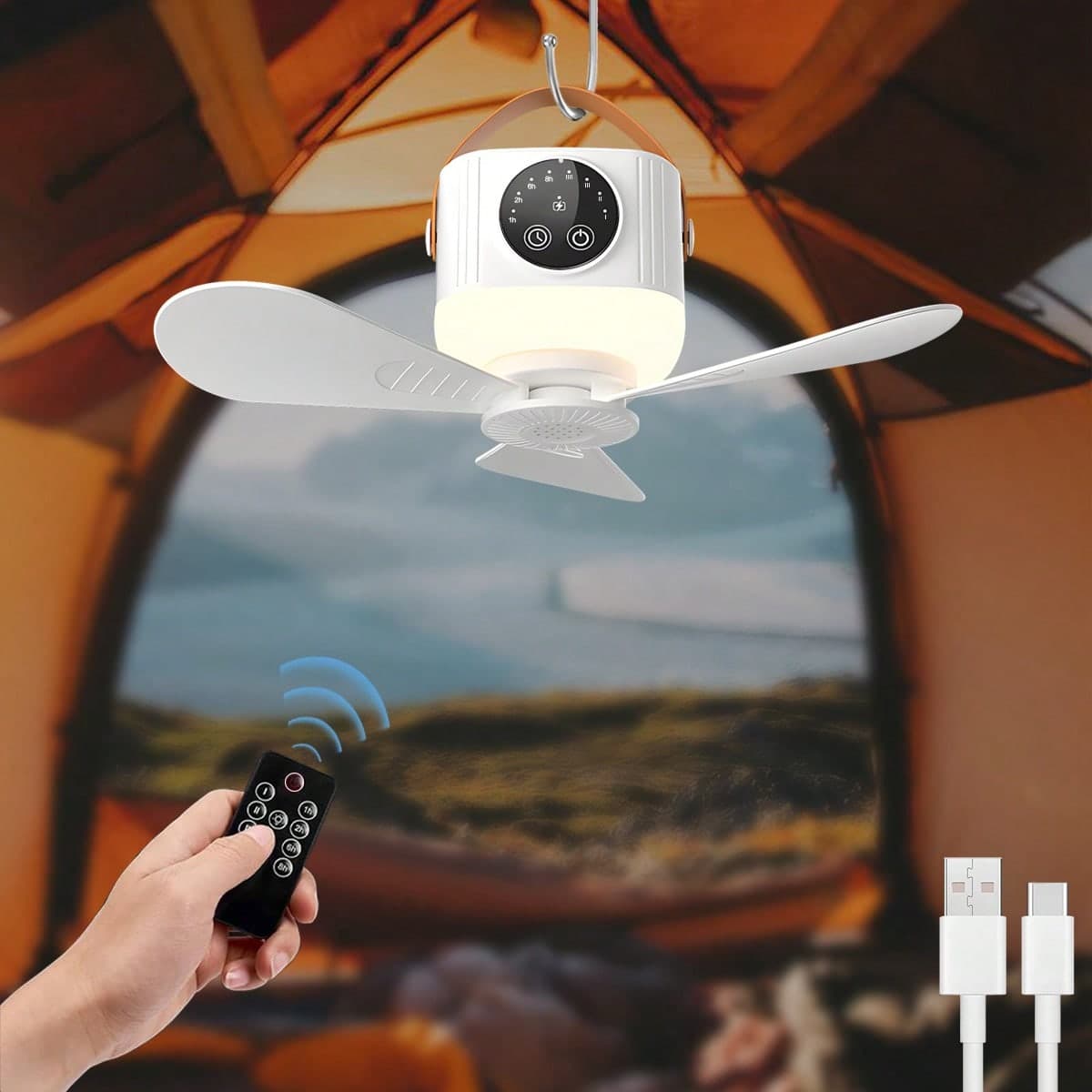 Portable LED Camping Light With Fan, Remote Control, Smart Timer, Rechargeable Hanging Fan, Suitable For Outdoor Camping, Travel, Bedroom, Dorm, Back To School, Summer Cooling Essential