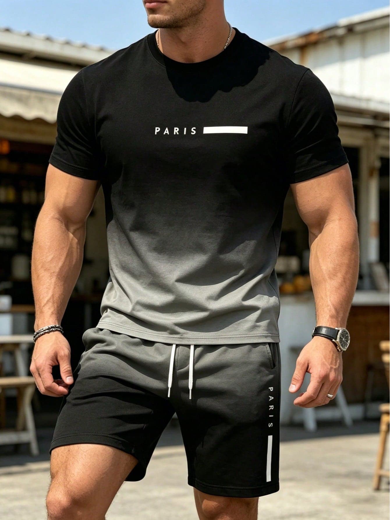 Men's Gradient 2-Piece Set Top And Shorts, Printed "PARIS" Crew Neck Short Sleeve T-Shirt With Drawstring And Pocket Shorts, Casual Fashion Outfit, Suitable For Summer Outdoor Wear, 100% Polyester, Lightweight Fabric