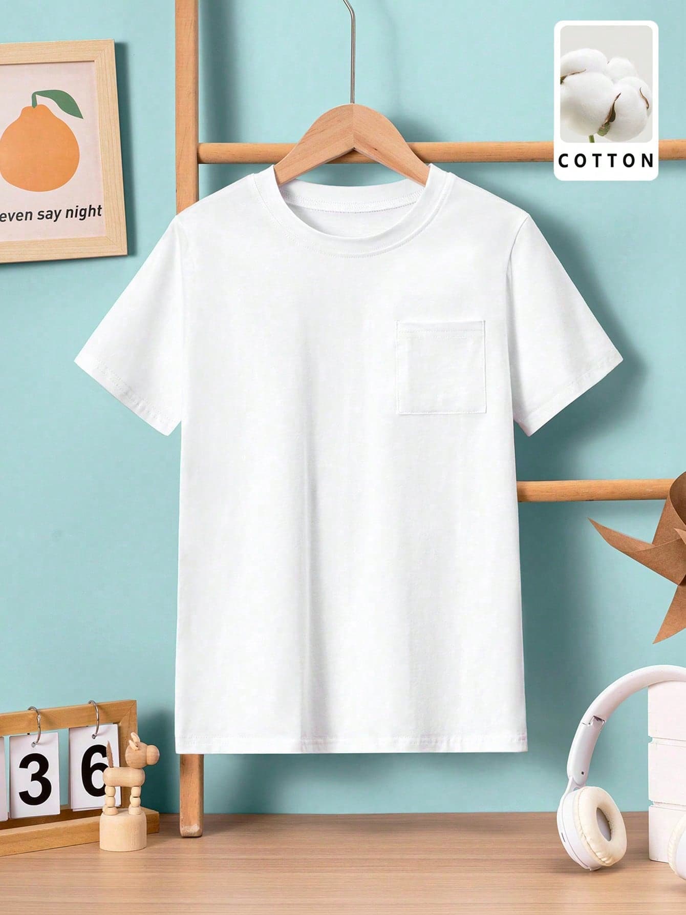 Youth/Kids Classic Simple Patch Pocket White Short Sleeve T-Shirt, Suitable For Daily Casual And Holiday