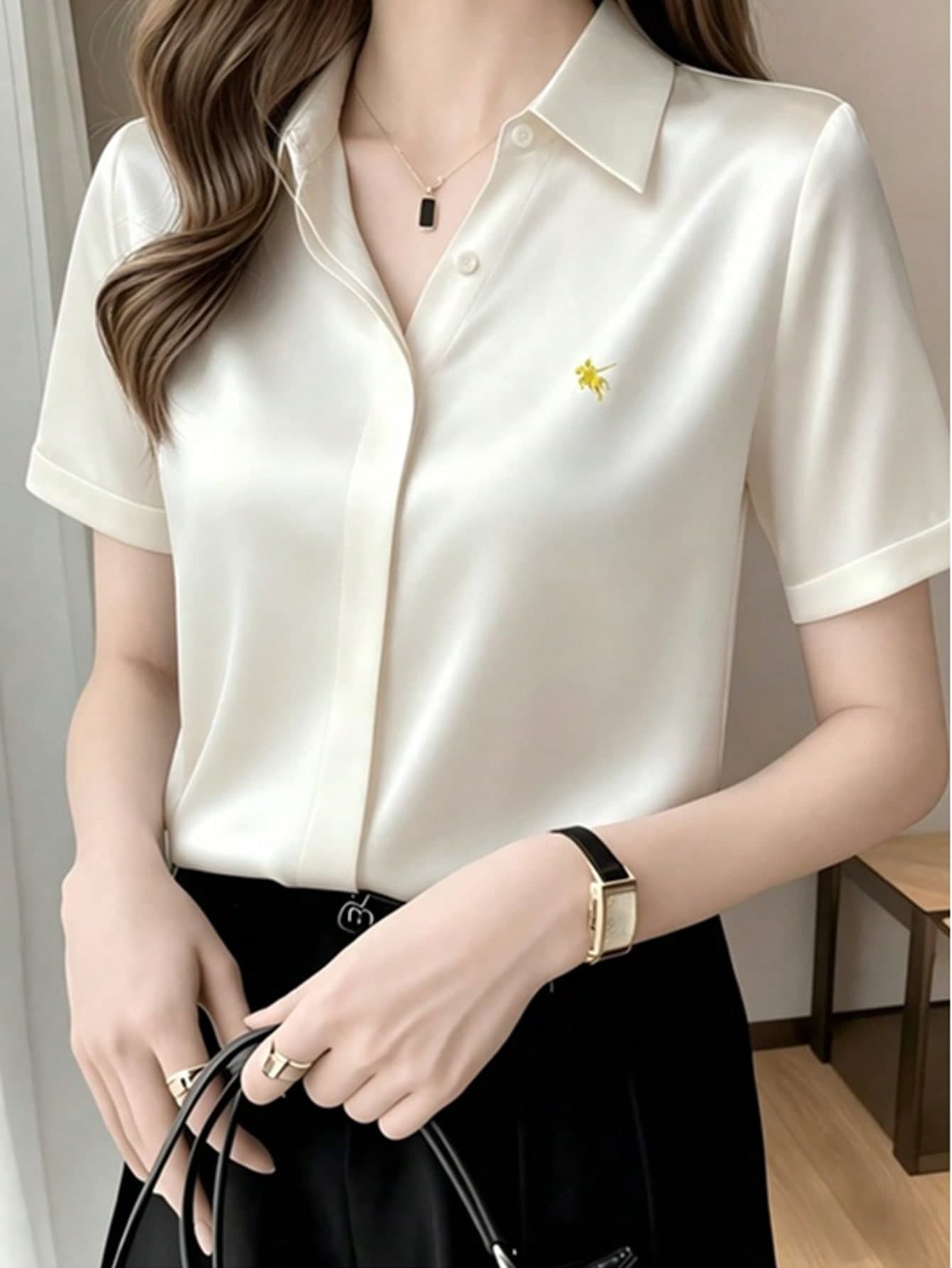 Silk Short Sleeve Shirt With Design, Lightweight Mature Hong Kong Style, Satin Fabric, Solid Color, Button Closure, Office Wear White