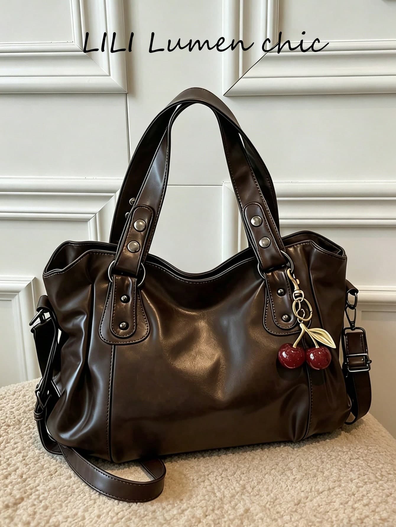 New Fashion Solid Color PU Leather Coffee Women's Handbag, Decorated With Red Cherry Pendant Externally.