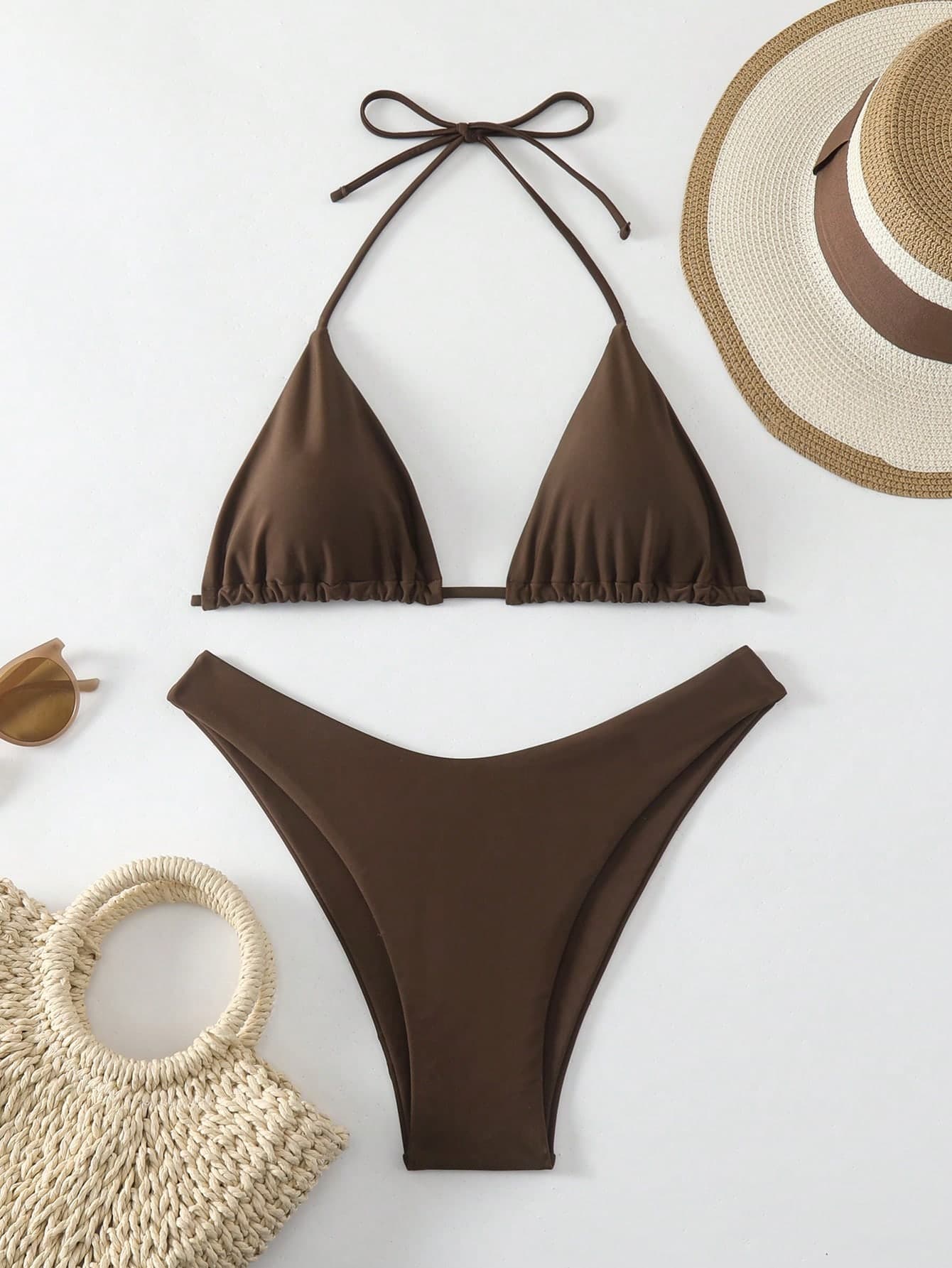 Women's Solid Coffee Color Triangle Bikini Set 2pcs Sexy Tummy Control Summer Beach Vacation Swimsuit