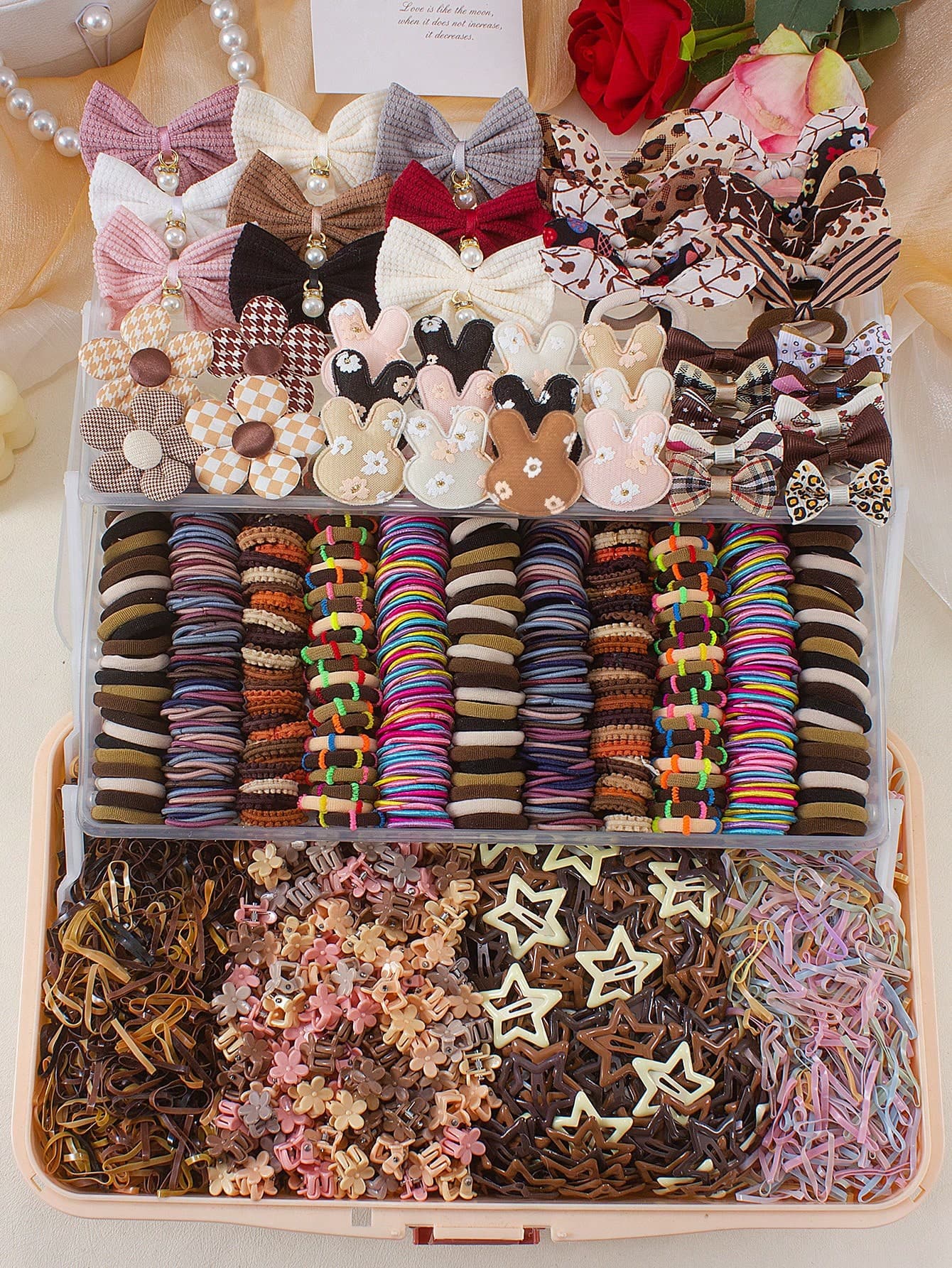 844pcs Vintage Earth-Tone Hair Accessories Set For Girls, Includes Pearl Bow Clips, Rabbit Ear Hair Ties, Houndstooth Flower Clips, Jacquard Rabbit Clips, High-Elastic Non-Damaging Hair Ties, Star BB Clips, Mini Flower Small Claws, Suitable For Daily, Travel, And Performance Use