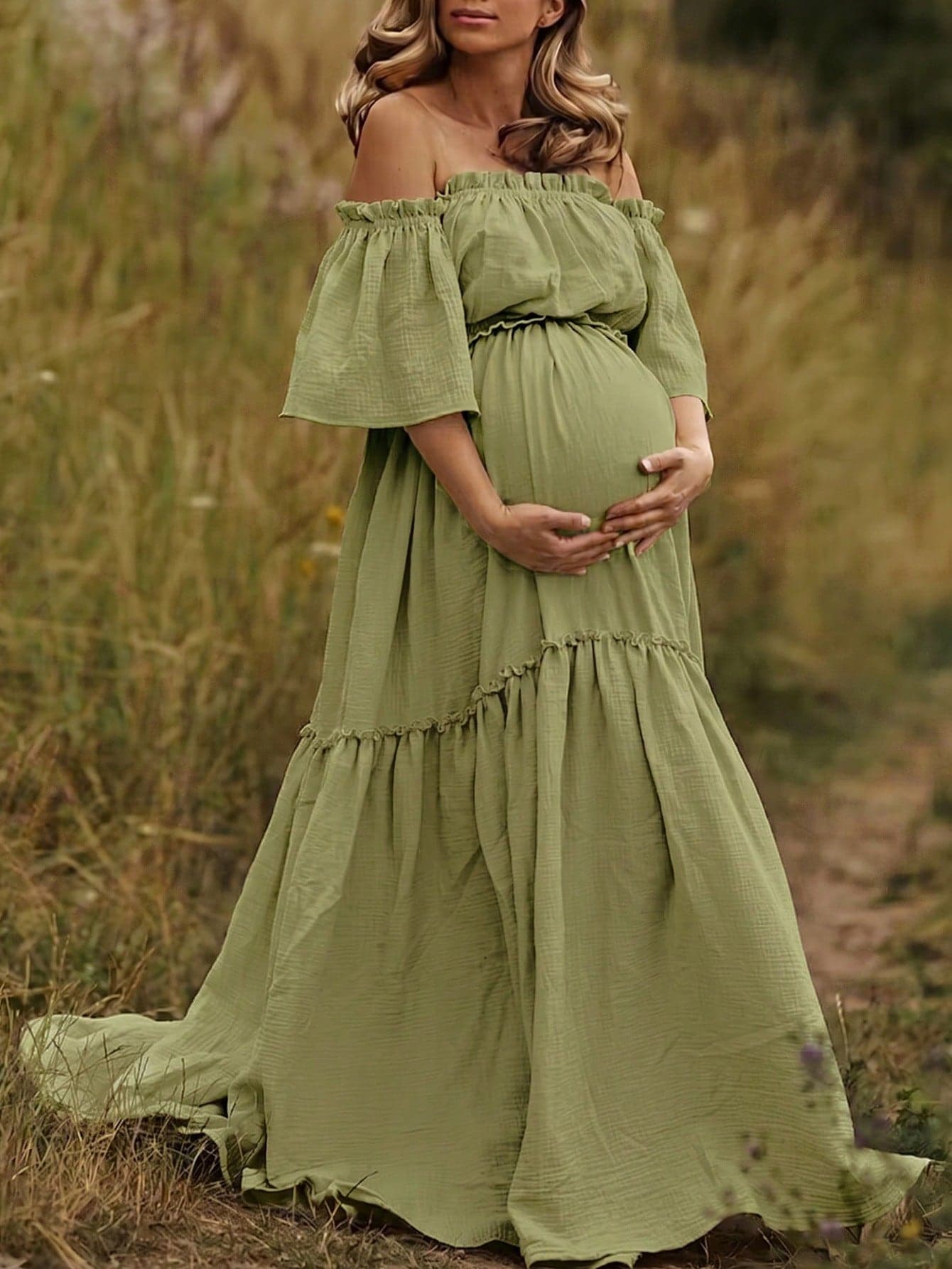Green Maternity Off Shoulder Layered Short Sleeve Chiffon Dress With Ruffled Hem, Suitable For Special Occasions Like Lawn, Beach, Garden