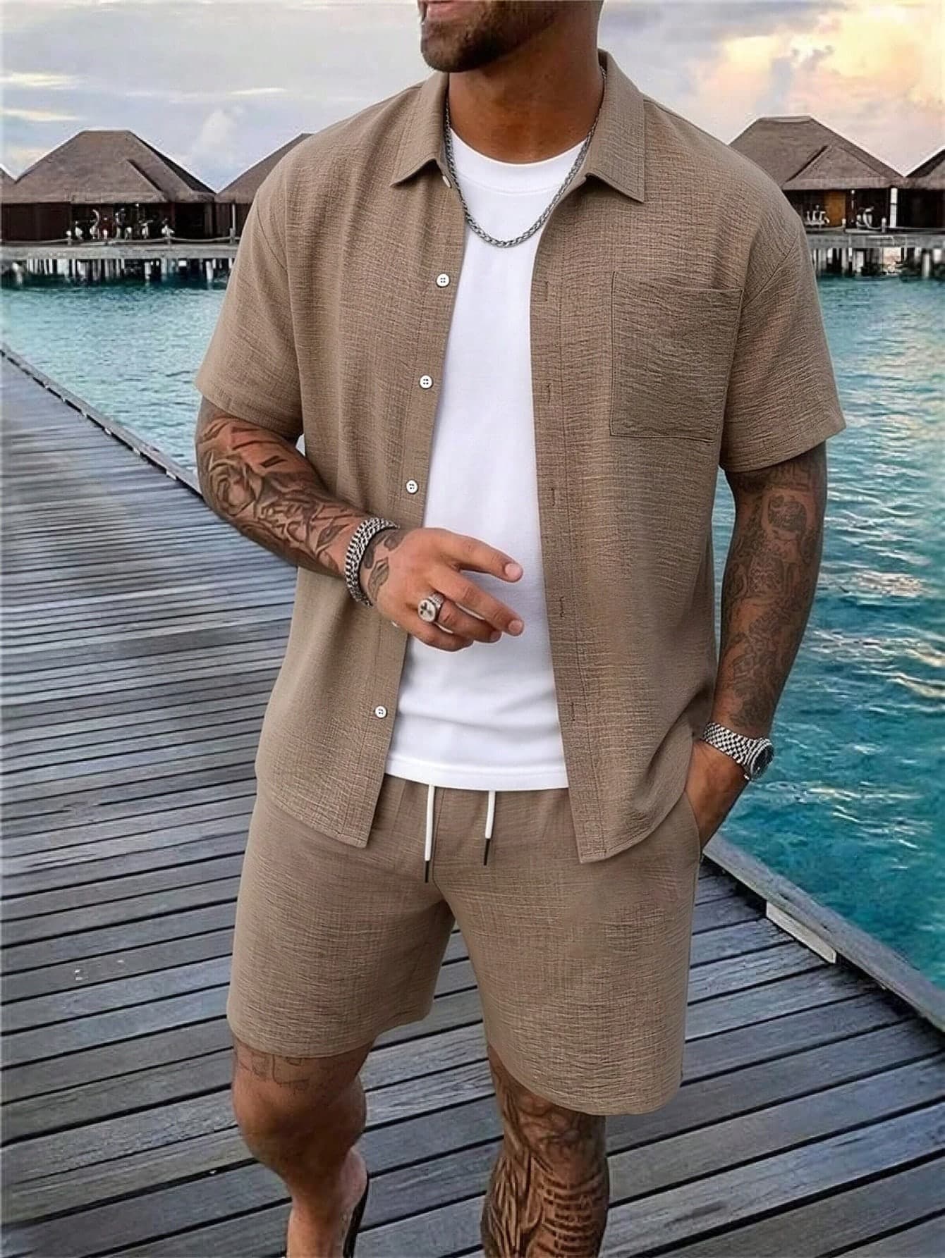 Men's Casual Suit Set, Coffee Color Pocket Shirt And Shorts, Vacation Style