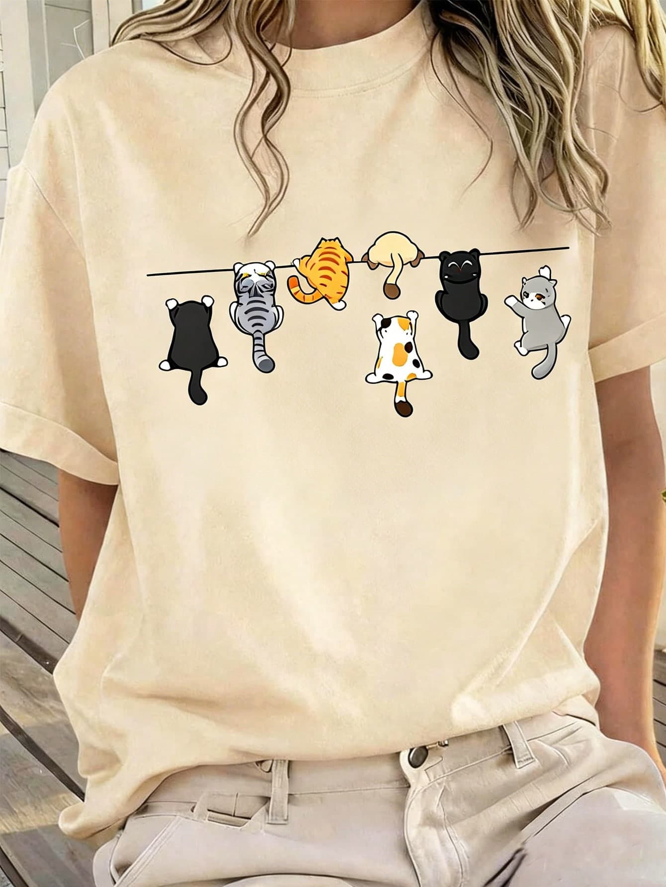 Teenage Girls' Cartoon Cat Print Round Neck T-Shirt, Soft & Comfortable Casual Top For School, Spring/Summer