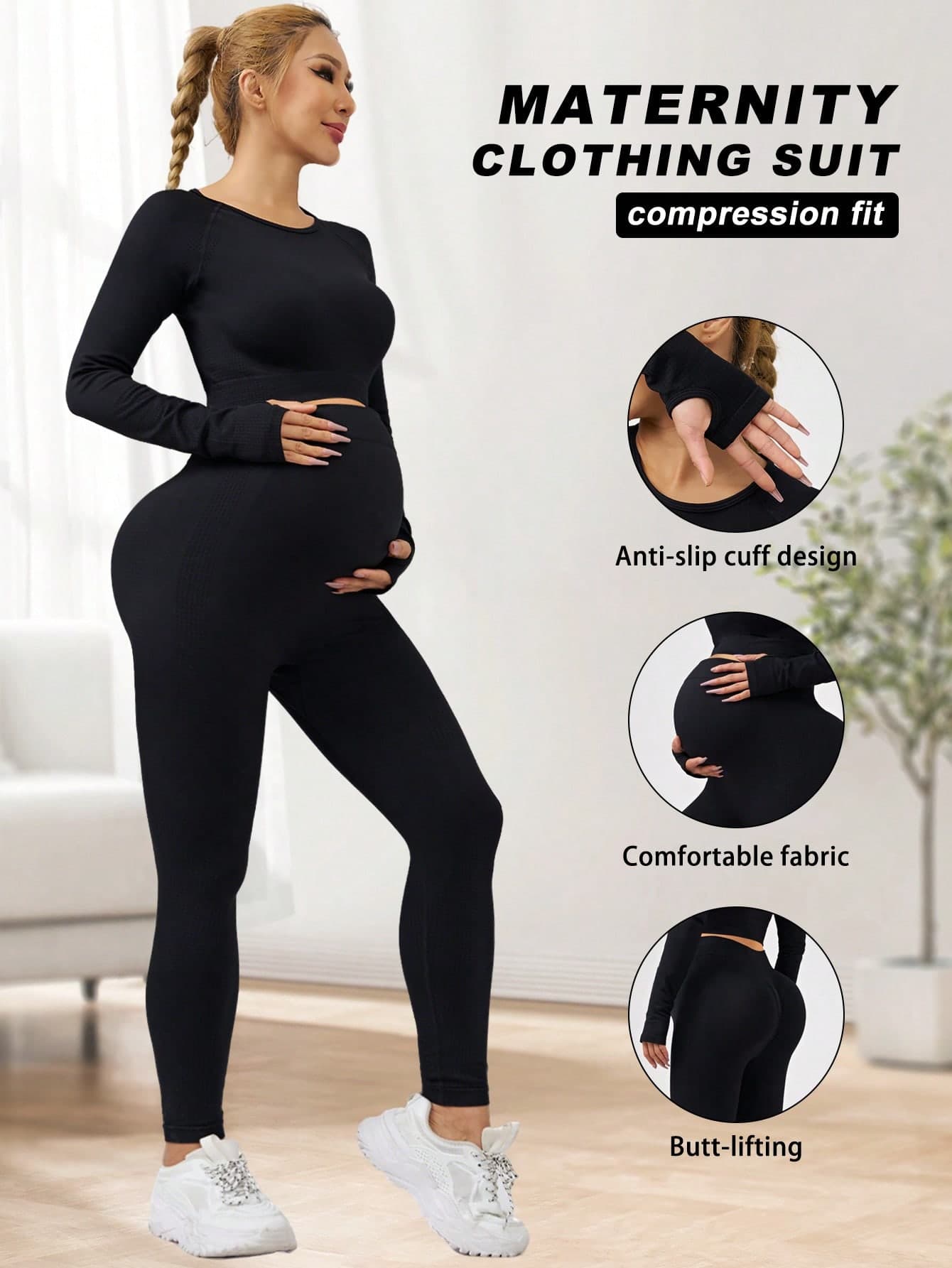 2pcs/Set Maternity Seamless Sports Set, Including Cropped Top And High Waist Elastic Leggings, Soft & Comfortable Fabric Black