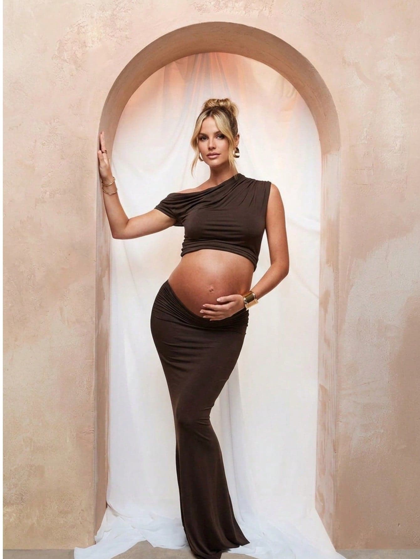 JustVH Maternity Ruched Asymmetric Collar Solid Color Cropped Top + Skirt 2-Piece Set, Suitable For Maternity Photography And Baby Shower Brown