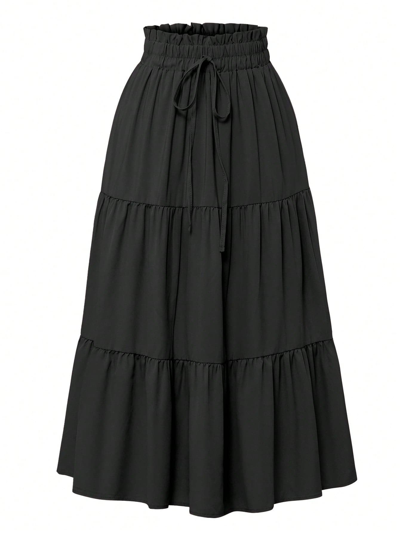 Women's Solid Color Layered Pleated Elastic Waist Vacation Skirt Black Spring