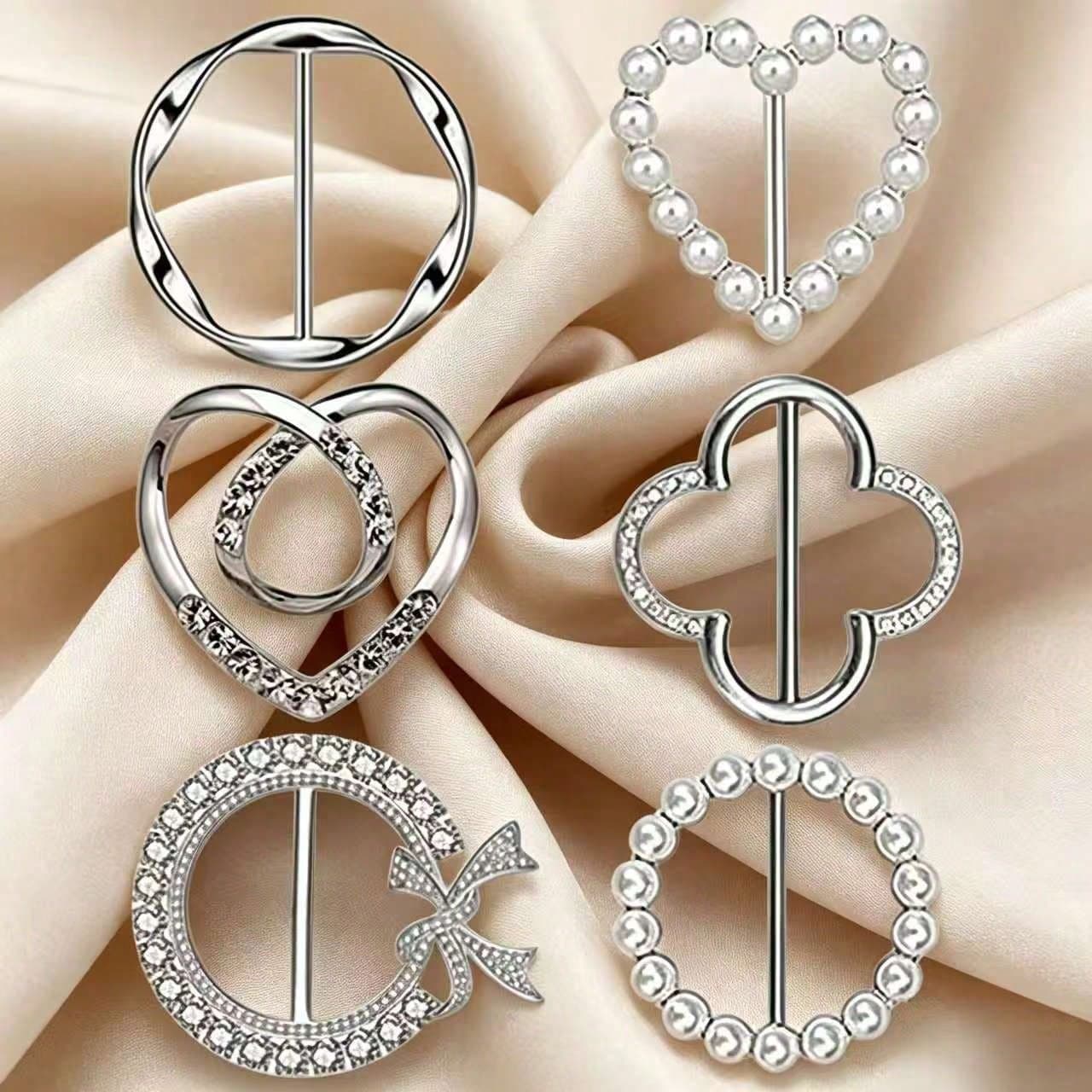 6pcs Silk Scarf Clips, T-Shirt Tie Clips, Fashion Metal Ring Scarf Clips, Shirt Collar Clips, Waist Belt Buckles, Silver Zinc Alloy Pearl Wrapped Clips, Beach Towel