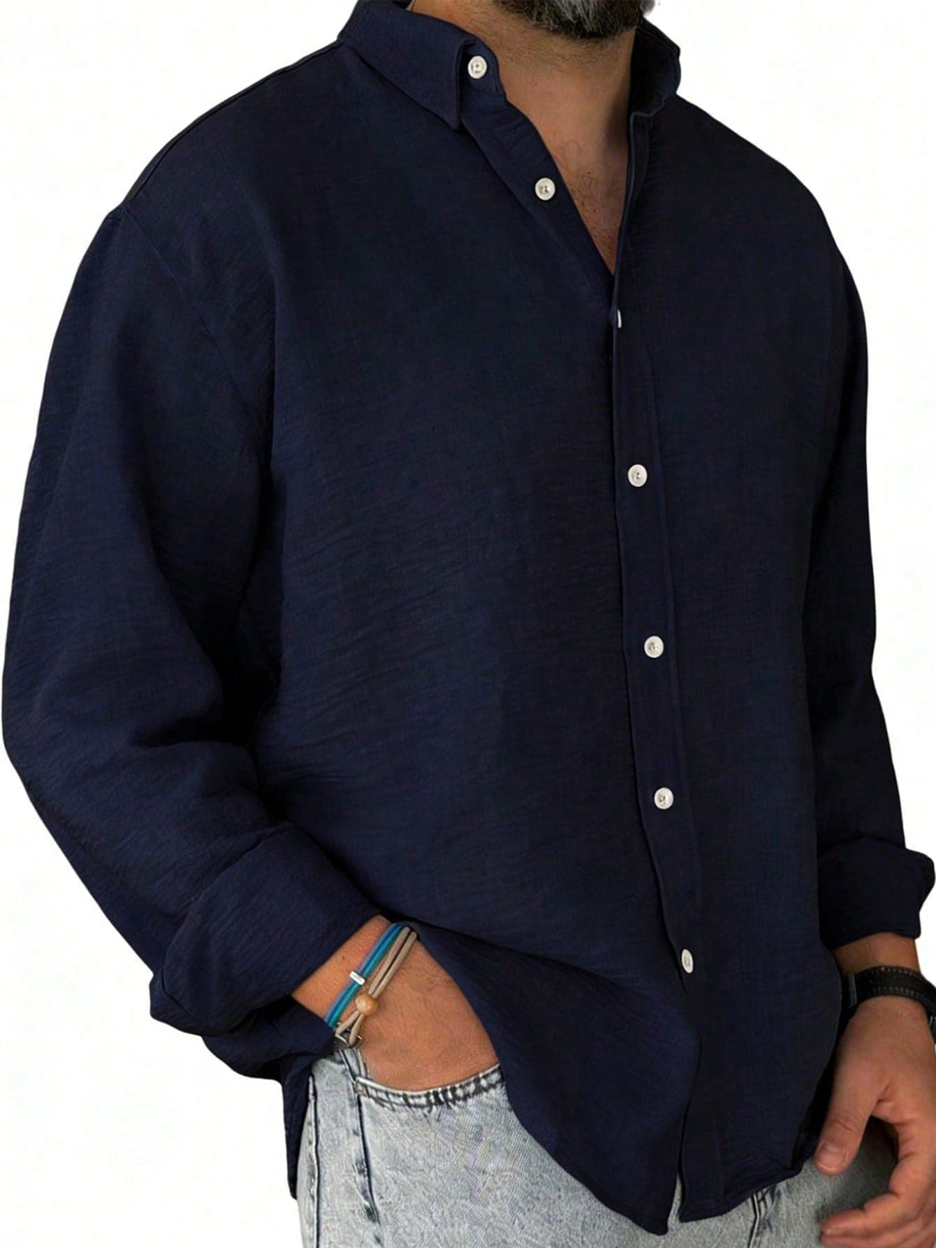 Men's Solid Blue Casual Long Sleeve Shirt, Outdoor Leisure Minimalist Fashion Shirt, Casual Top