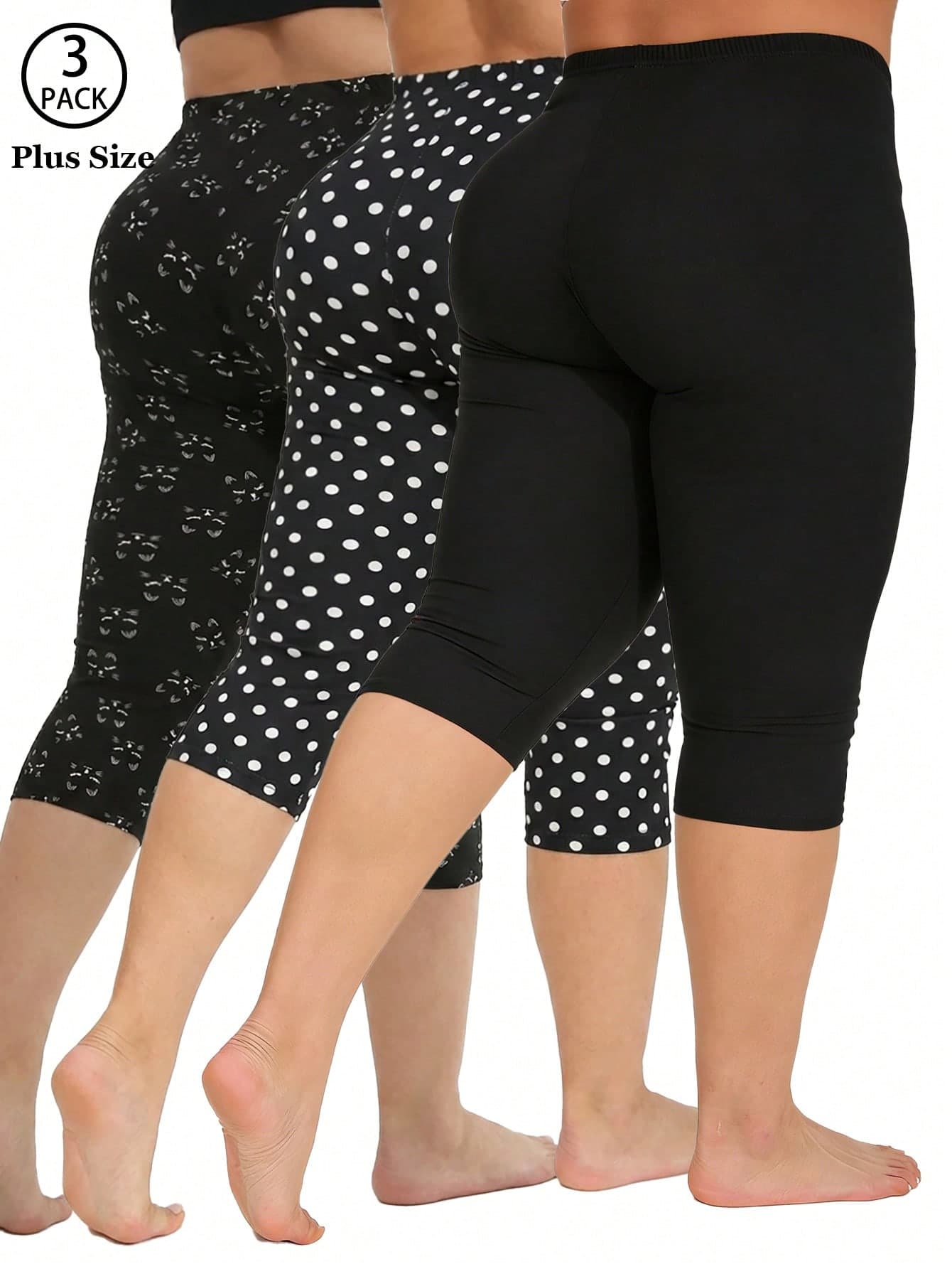3 Pack Women Plus Size Casual Black Polka Dot Elastic Leggings, Cat Print Pants For Outdoor, Home, Yoga, Travel, Workout Summer