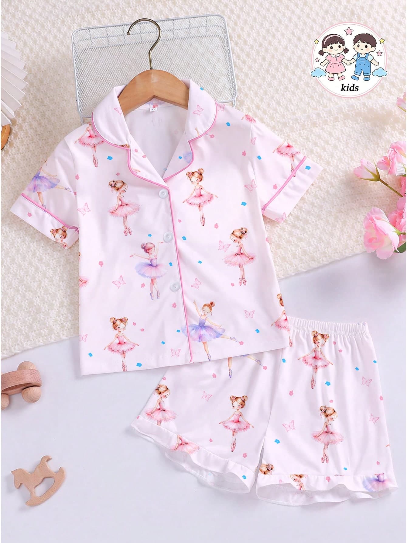 2pcs/Set Young Girls Elegant Ballet Girl Print Collar Button Short Sleeve Top + Elastic Waist Cuffed Shorts Pajama Set, Lightweight Soft Breathable Fabric, Ideal Casual Loungewear & Holiday Gift For Girl