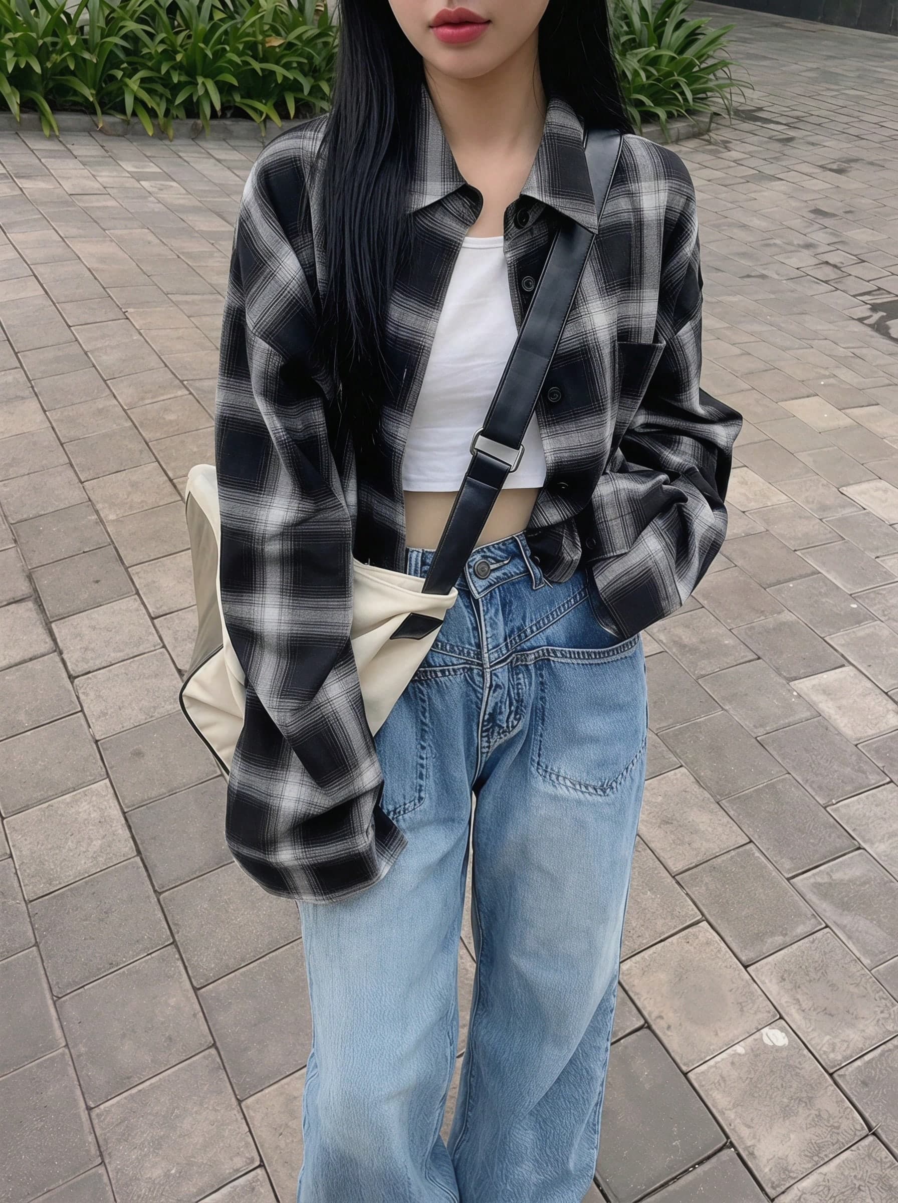 Rikumo Summer New Plaid Shirt Women Casual Loose Blouse Top Black Spring