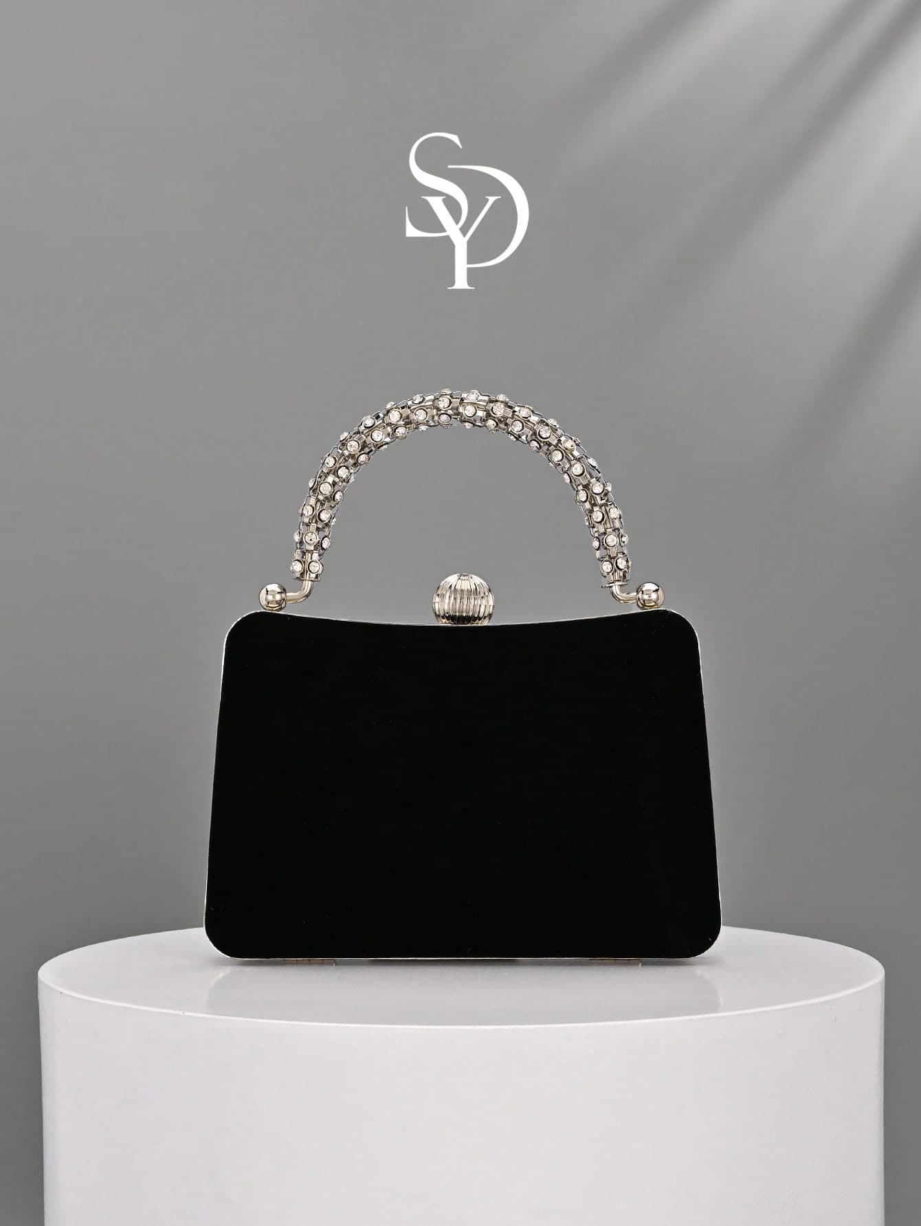 Black Velvet Crystal Embellished Clutch Bag, Luxury Square Box Wallet, Elegant Formal Handbag Suitable For Wedding/Party/Gala