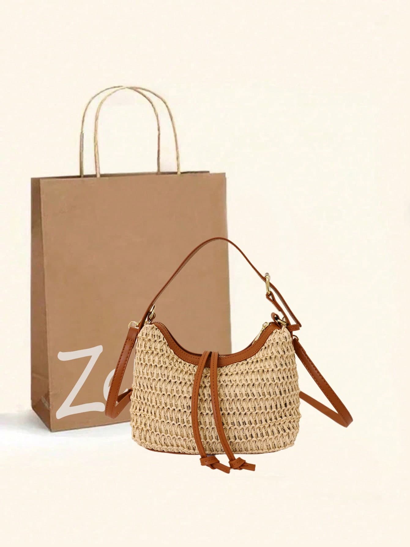 Summer New Vintage Handmade Straw Zipper Beach Tote Bag, European And American Crescent Pillow Bag Niche Design Luxury Feeling Shoulder Crossbody Bag, Suitable For Daily Commute, Shopping, Vacation, School For Women