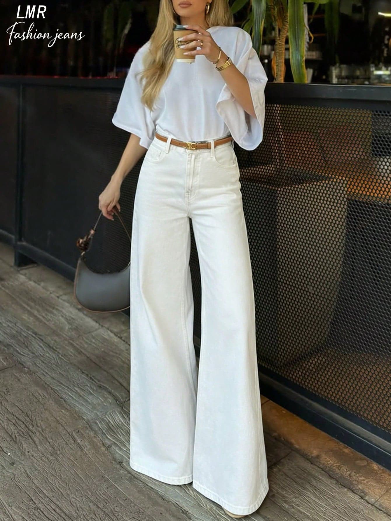 Women's Solid Color Loose Wide-Leg Jeans Casual White