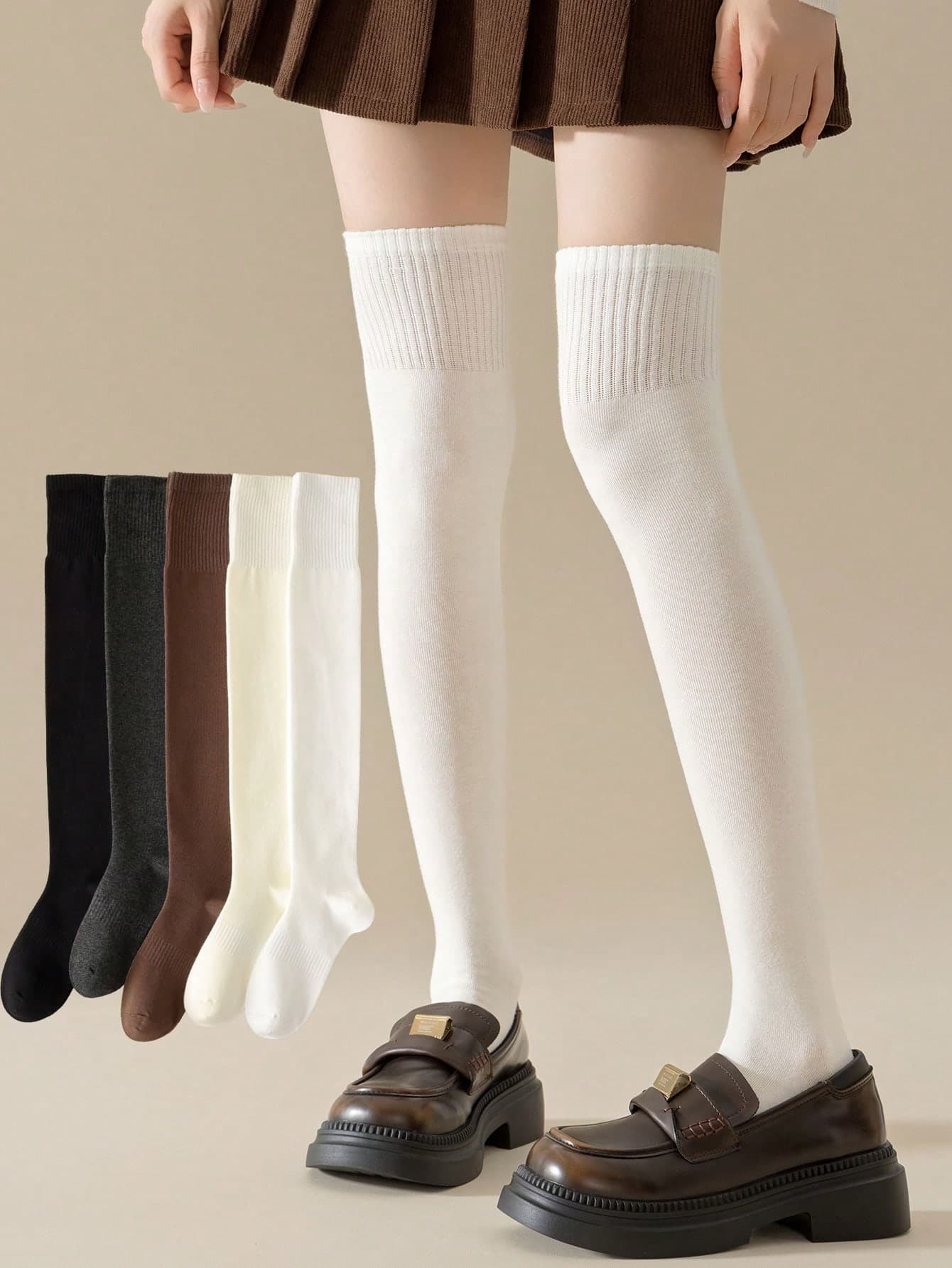 1 Pair/5 Pairs Women's Autumn Over-The-Knee Socks, High Thigh Non-Slip Slimming Long Tube Socks, Solid Color Calf Socks