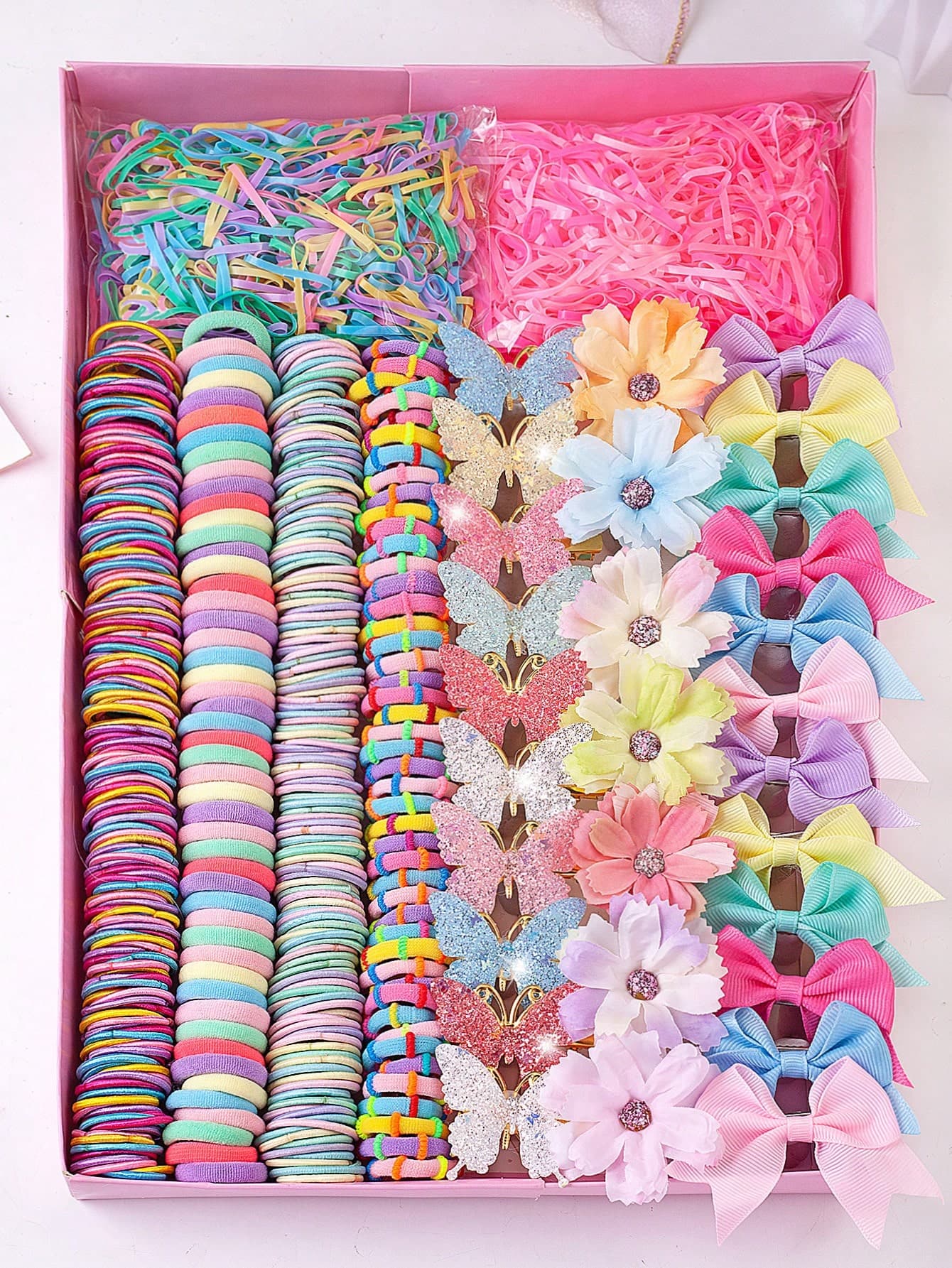5/859PCS Rainbow Macaron Color Series Energetic Girl Hair Accessory Set, Includes High Elasticity Seamless Hair Ties, Gradient Glitter Butterfly Hair Clips, Flower Hair Clips, Bow Hair Clips, Disposable Small Rubber Bands, Suitable For Girls Outings, Daily, Party Use