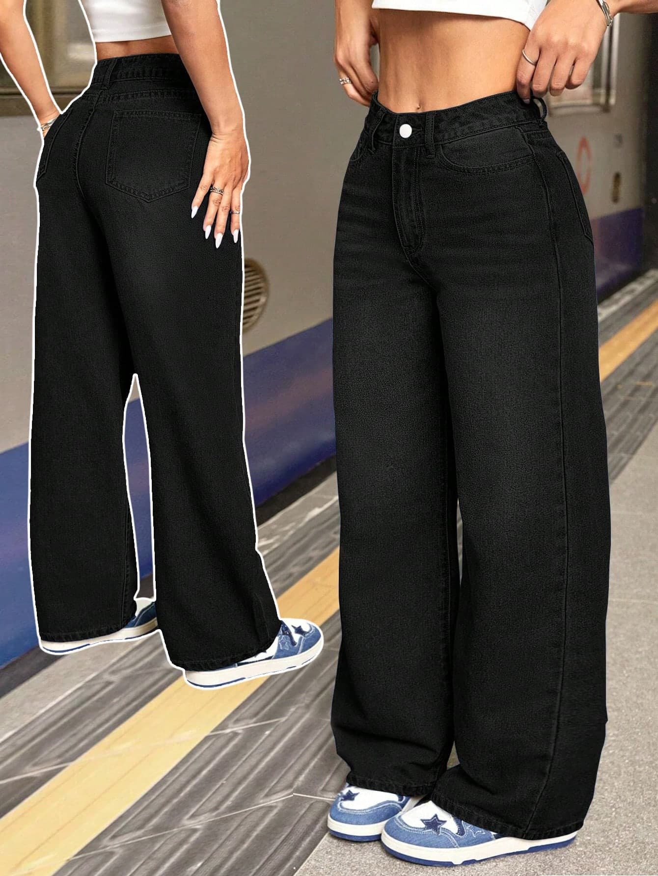 Women's Casual Loose Straight Leg Jeans With Pockets Black
