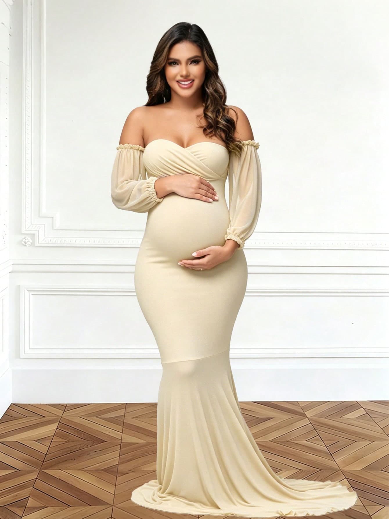 JustVH Maternity V-Neck Off-Shoulder Mermaid Hem Mesh Puff Sleeve Maxi Dress, Suitable For Photography And Baby Shower