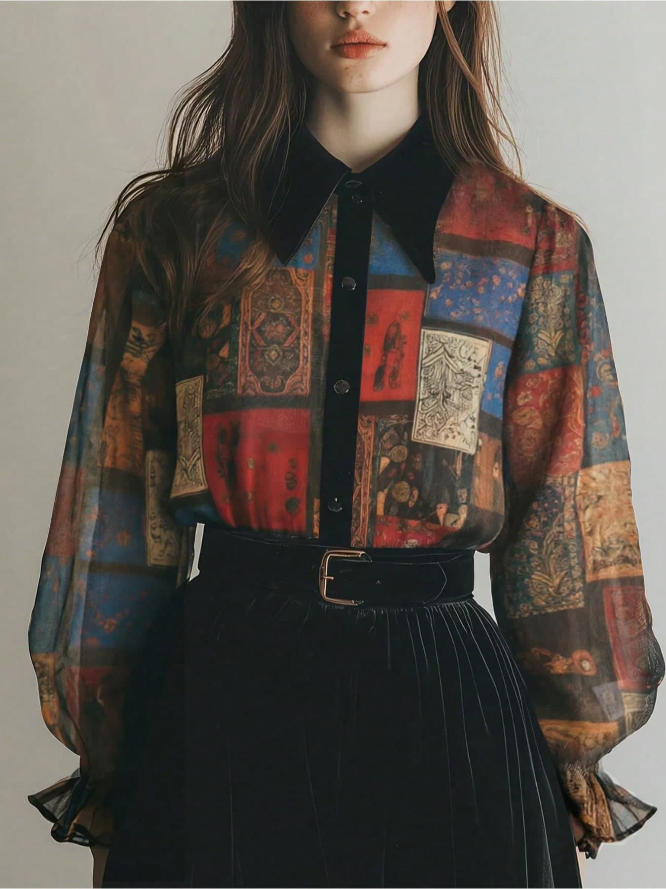 2026 New Exotic Totem Patchwork Chiffon Blouse, Retro Geometric Collage Chiffon Shirt With Contrast Collar, Lantern Sleeve Sheer Top, Print Boho Dark Academia Layering Essential, Plus Size Friendly