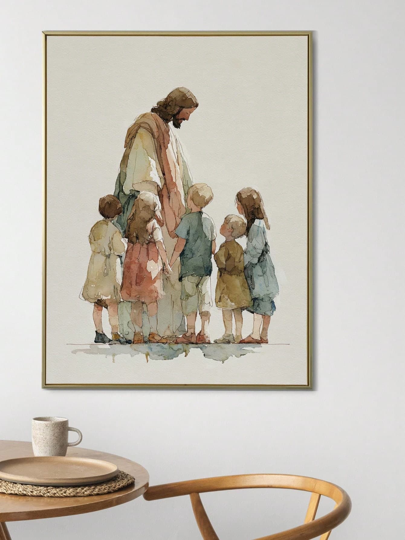 1pc Canvas Wall Art With Frame, "Jesus And The Children" Christian Religious Poster, Minimalist Faith Themed Art Poster, Children's Bible Scene Decor, Suitable For Living Room, Bedroom, Nursery, Church Or Office, Preschool Classroom Decoration, Children's Gift