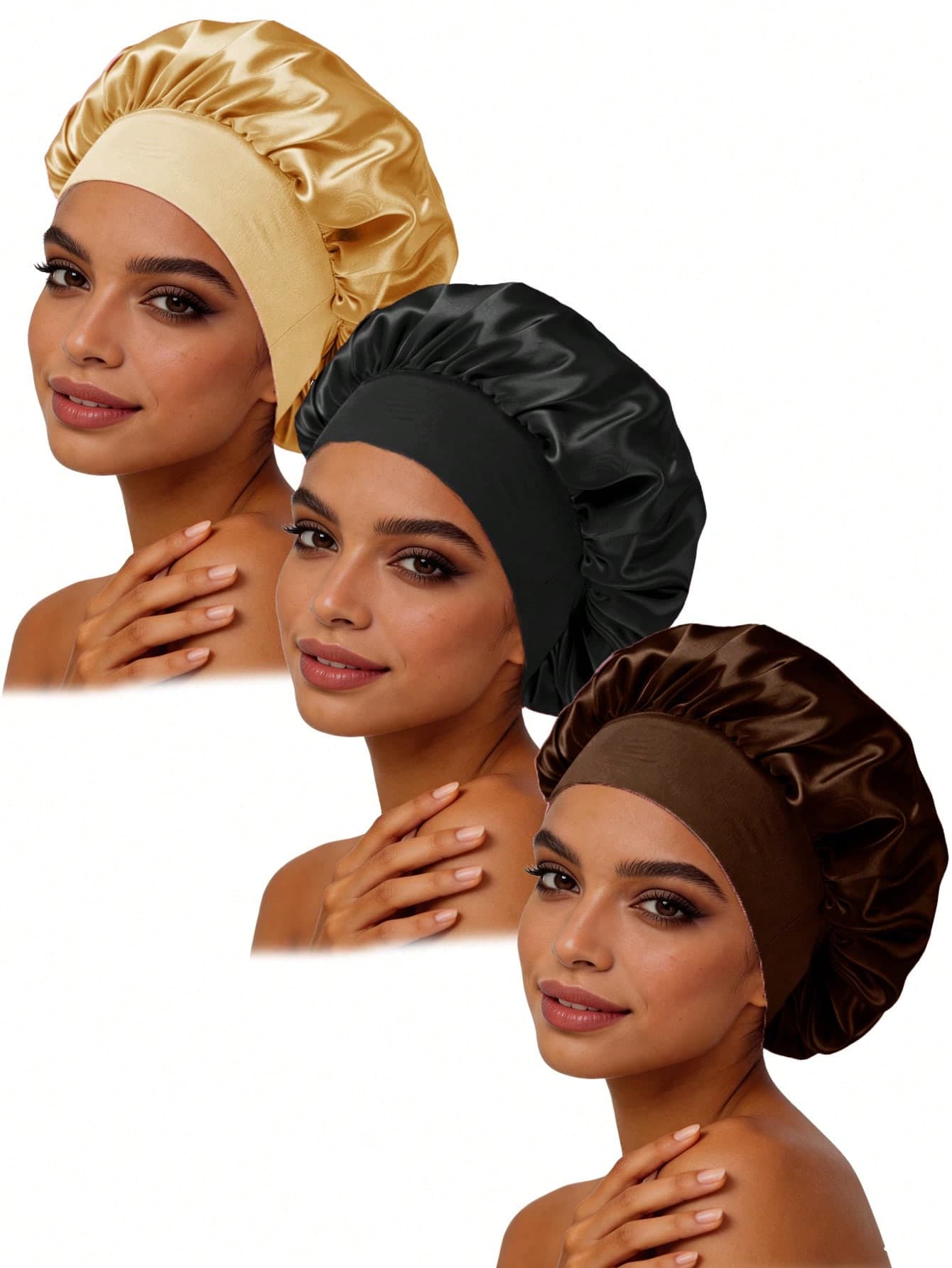 3pcs Luxury Satin Sleeping Cap - Elastic Sleeping Hat Suitable For Curly And Natural Hair, Women Night Hair Care Protection Cap, Gold/Black/Brown,Holiday,Festival