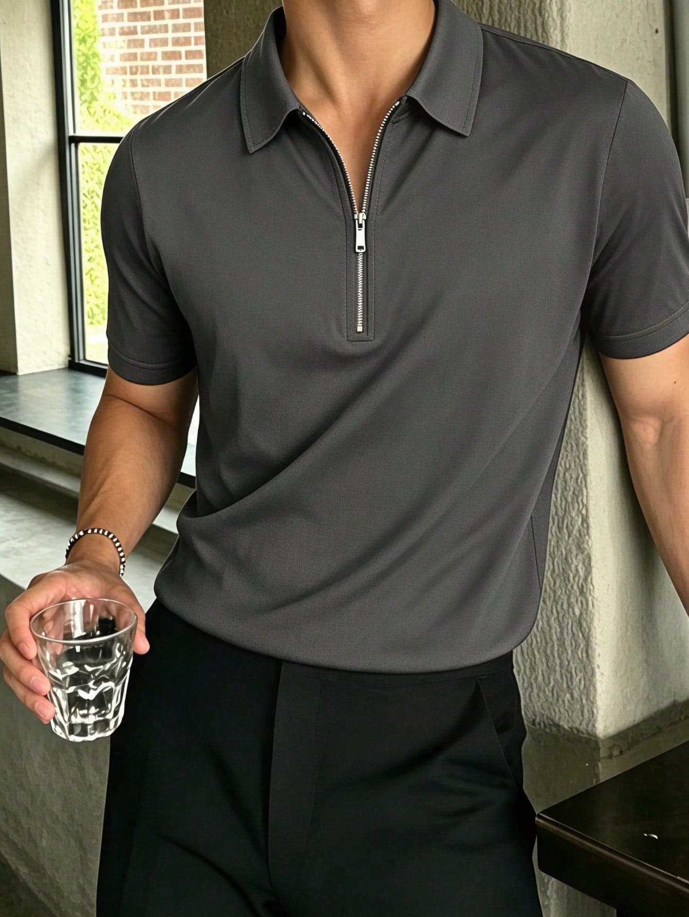 Men's Solid Color Half-Placket Casual Versatile Commute Short Sleeve Polo Shirt