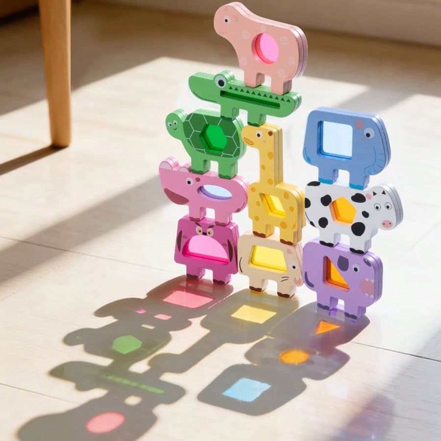 Wooden Acrylic Geometric Balance Stacking Blocks - Colorful Light & Shadow Architecture Toy With Cartoon Animals And Vehicles, Creative Stacking Game For Logic Training, Suitable For 18 Months+, 2-3 Years Old Girls & Boys Gift, Wooden Animal Stacking Educational Puzzle Toy
