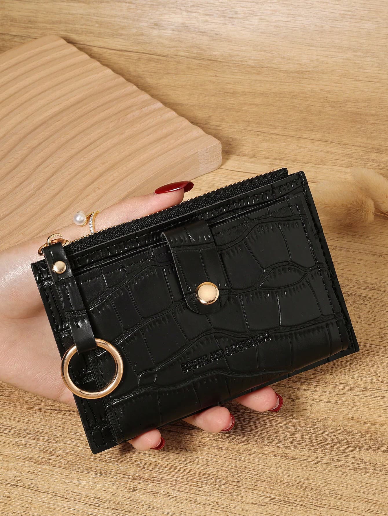 Black Crocodile Pattern Fixed Metal Ring Mini Wallet Purse, Zip Around With Flap Multi - Card Slots, PU Leather Coin Pocket Unisex For Daily Use Travel, Compact Minimalist Accessory For Birthday Christmas Gift