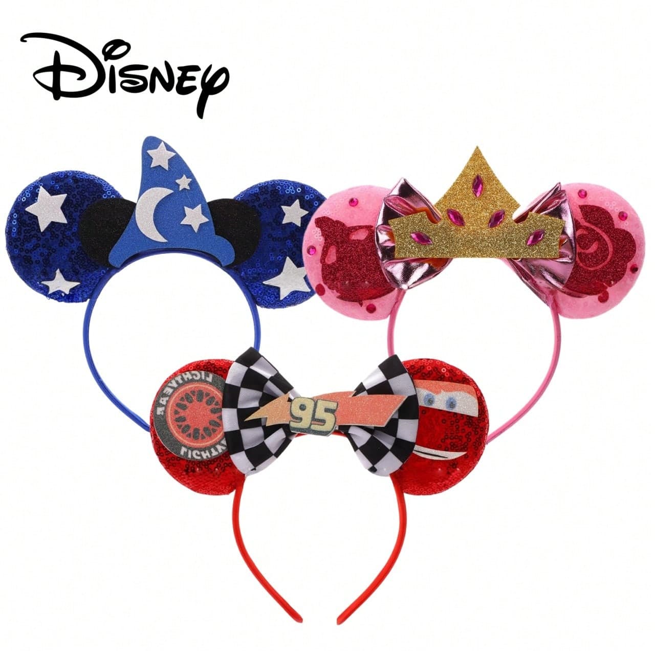 Disney Cartoon Character Headband, Blue Background Star Magician Hat / Pink Gold Sleeping Beauty Crown / Cars 3 Black And White Checkered Bow Tie Mickey Ears Headband, Heavy Work Sequins Print Design, Durable Hair Accessory, Suitable For Students, Girls, Girlfriends, Playing In The Park, Daily, Birthday, Festival, Versatile Head Accessory