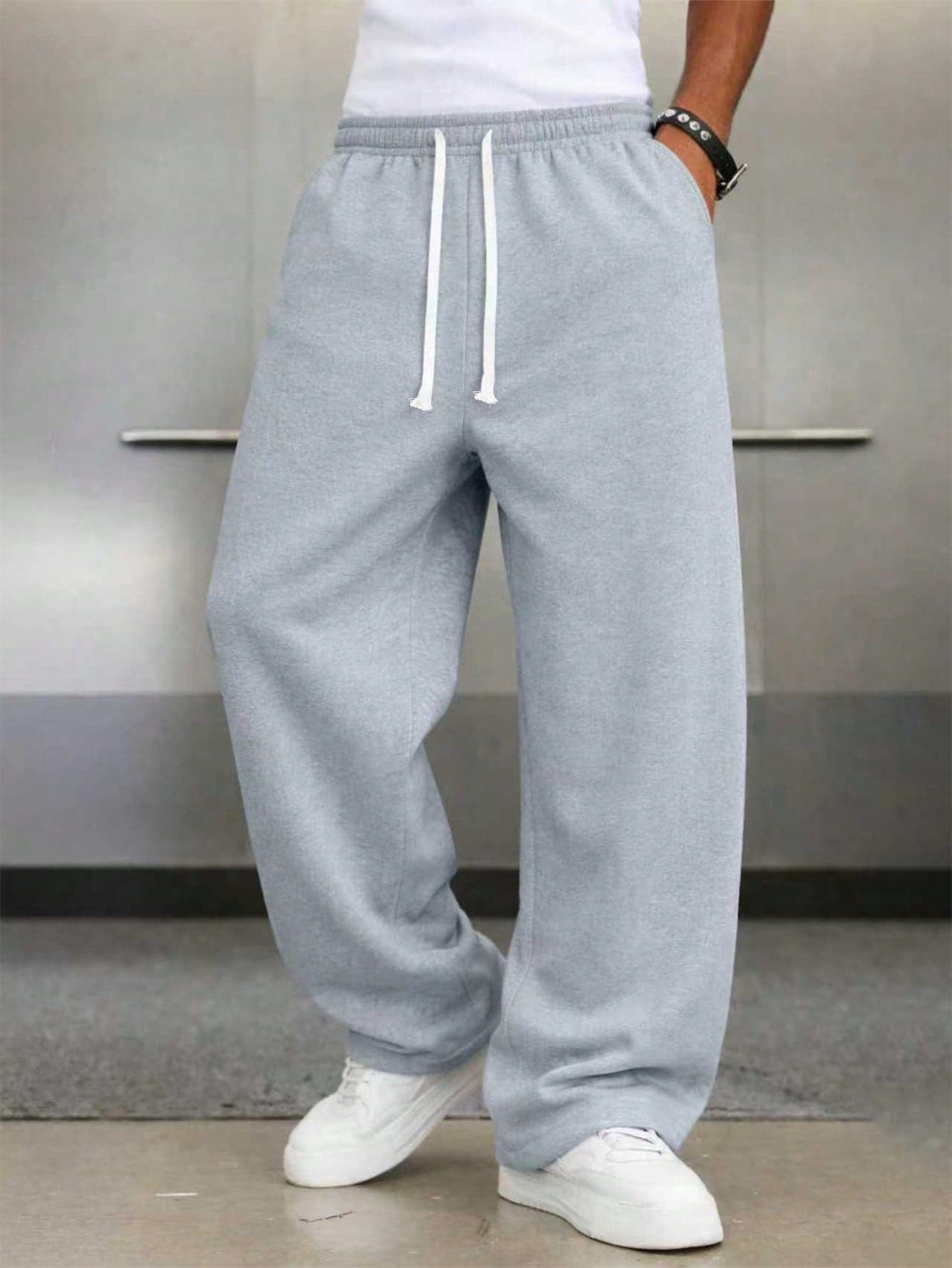 1 Pair Men's Loose Fit Casual Sweatpants, Minimalist Solid Color Wide Leg Design, Drawstring Waist, Large Pockets, Suitable For Daily Wear, Walking, Work, Outings, Great Father's Day Gift For Dad