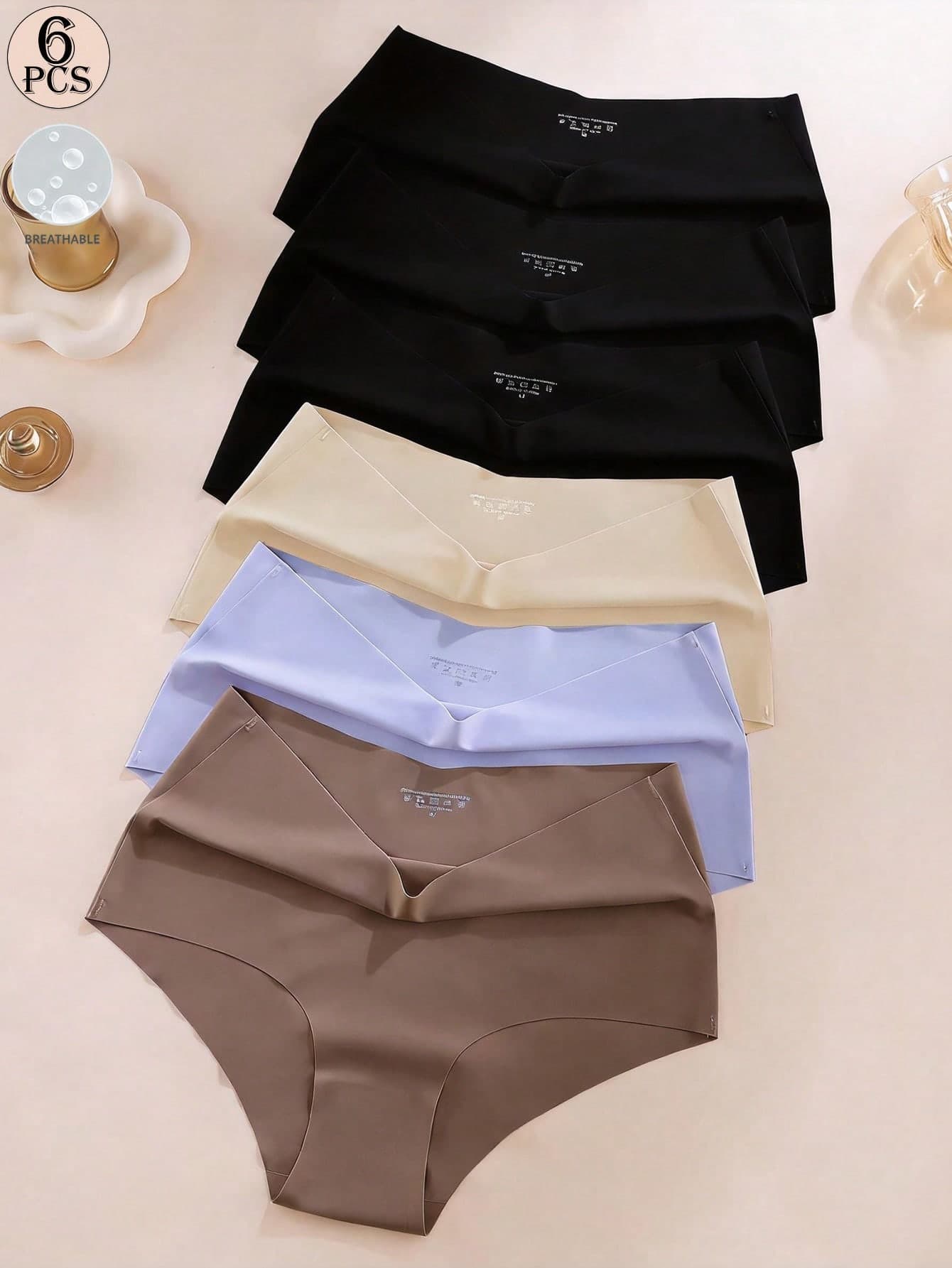 Aofeiqike 6pcs High Waist Plus Size Panties, European And American Style Sexy High Cut Leg Openings Seamless Breathable Ice Silk Briefs For Women