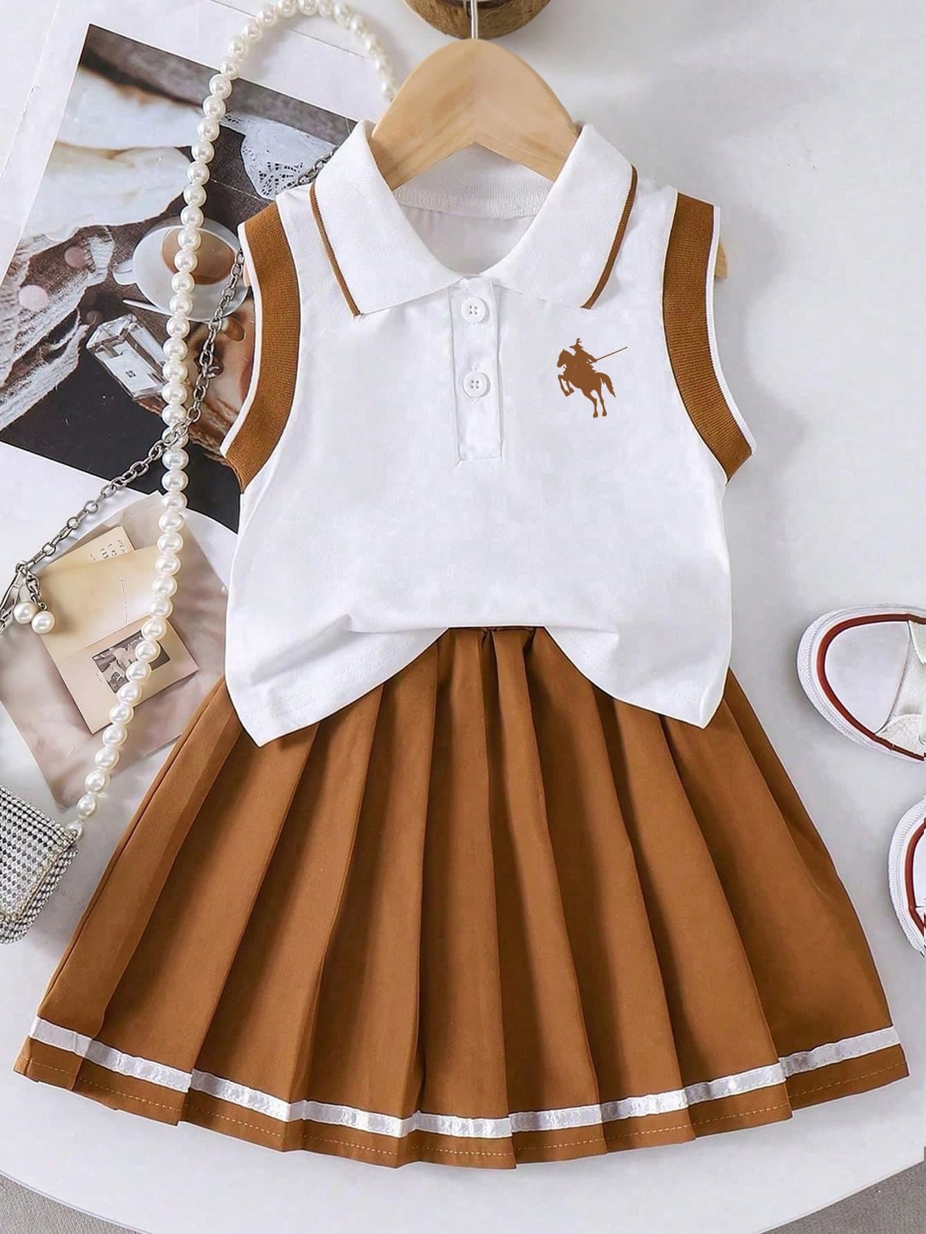 Young Girl Contrast Color Knight Print Polo Shirt And Pleated Skirt Set