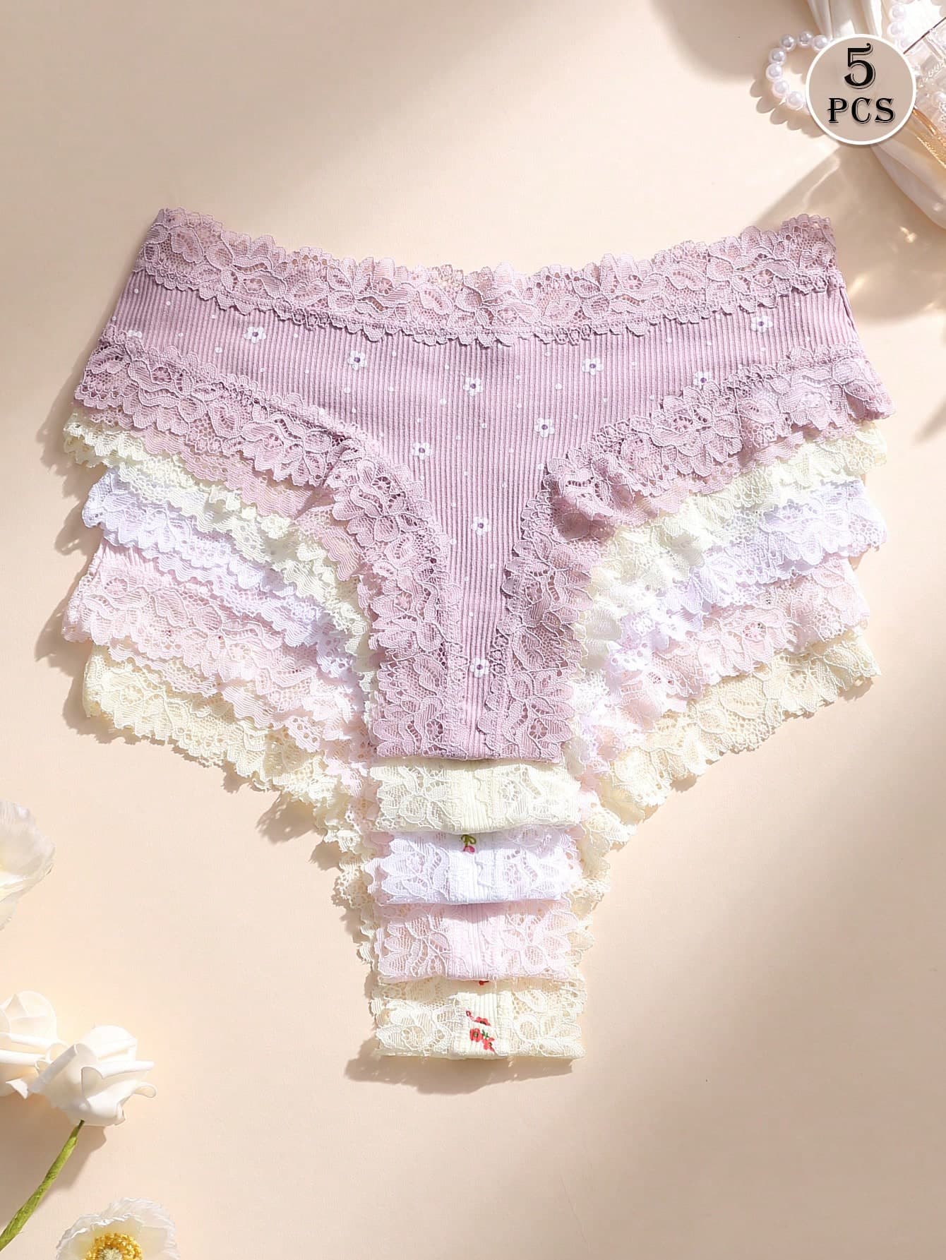 5pcs/Set Women Sexy Lace Patchwork Low Waist Seamless Thong Panties, Soft Comfortable Breathable Underwear Suitable For Yoga, Sports, Daily Wear