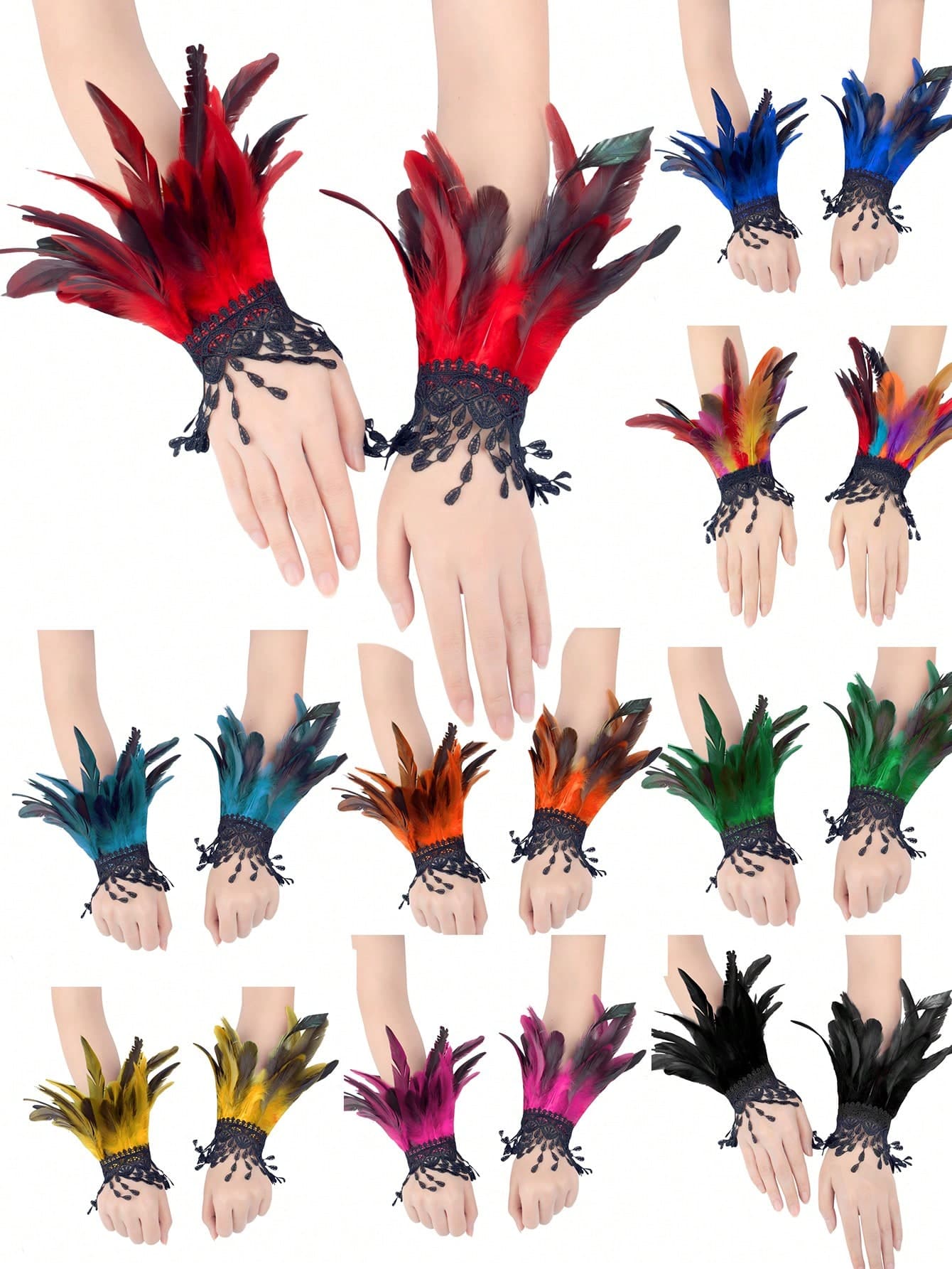 Women's Lace Faux Feather Glove Cuffs Halloween Cosplay Costume Accessory With Swan Wristband