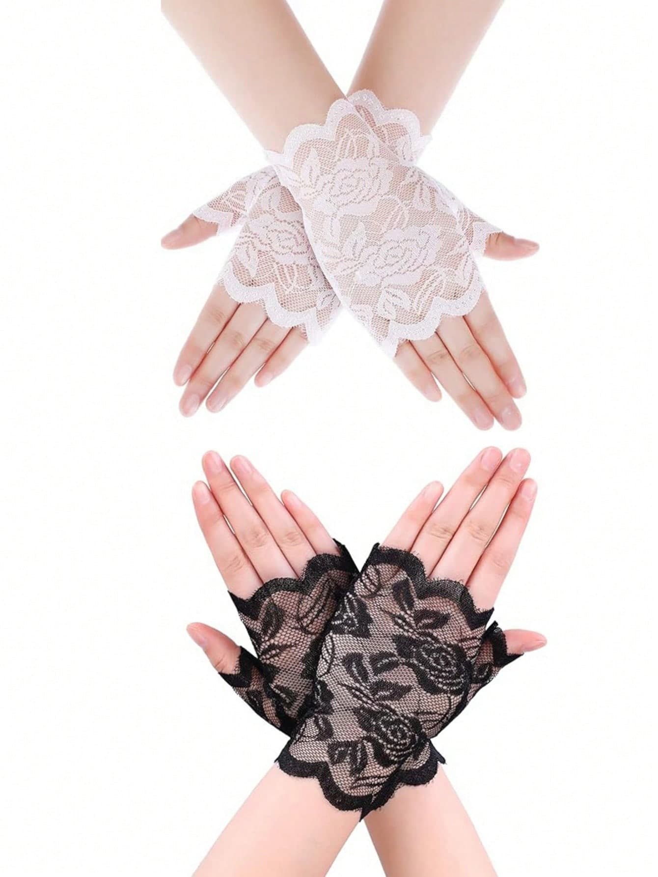 2 Pairs/1 Pair Women Short Lace Floral Gloves, Sun Protection Fingerless Gloves, Bridal Lace Opera Tea Party Gloves, Wedding Party Costume Accessories