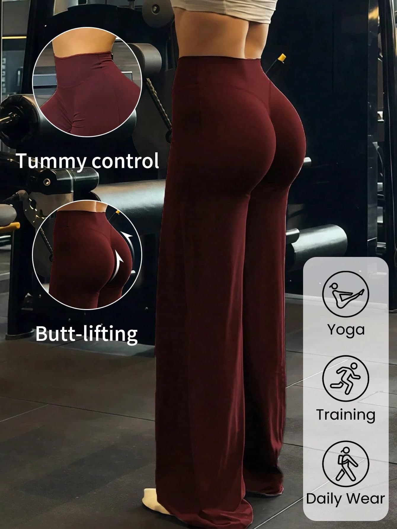 Wine Red Women's Wide Leg Yoga Pants, High Waist Flare Leg, Tummy Control Elastic Slim Fit Fitness Pants, Gym Workout Wear, Casual Lounge Pants Sports