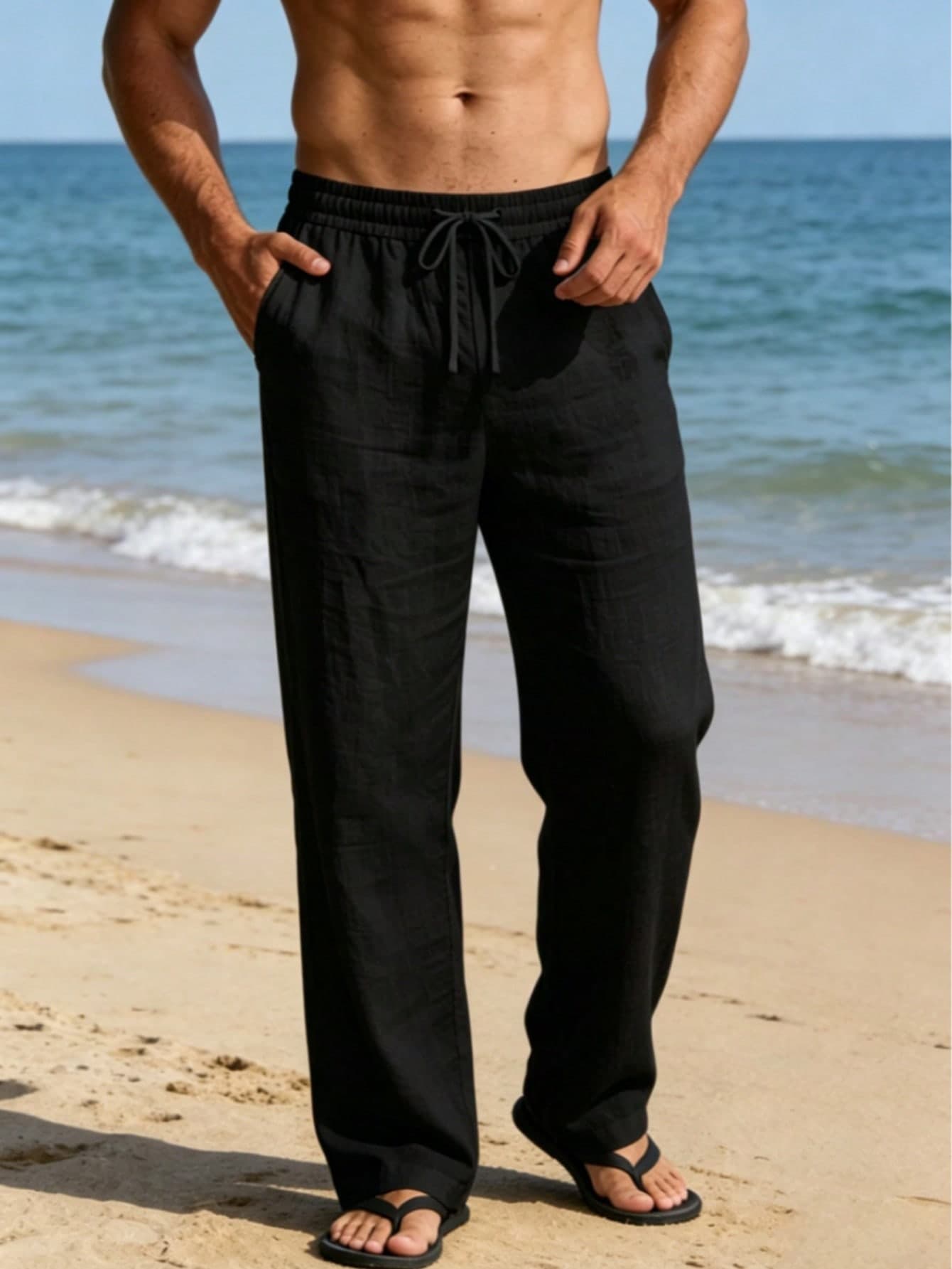 Men's Summer Solid Color Linen Pants | Lightweight Beach Holiday Trousers | American Sporty Casual Pants | Thin & Comfortable Fabric | Straight Cut Relaxed Fit | Drawstring Waist Design Suitable For Various Body Types | Breathable & Non-Stuffy, Suitable For Spring/Summer Commuting, Holiday, Fitness